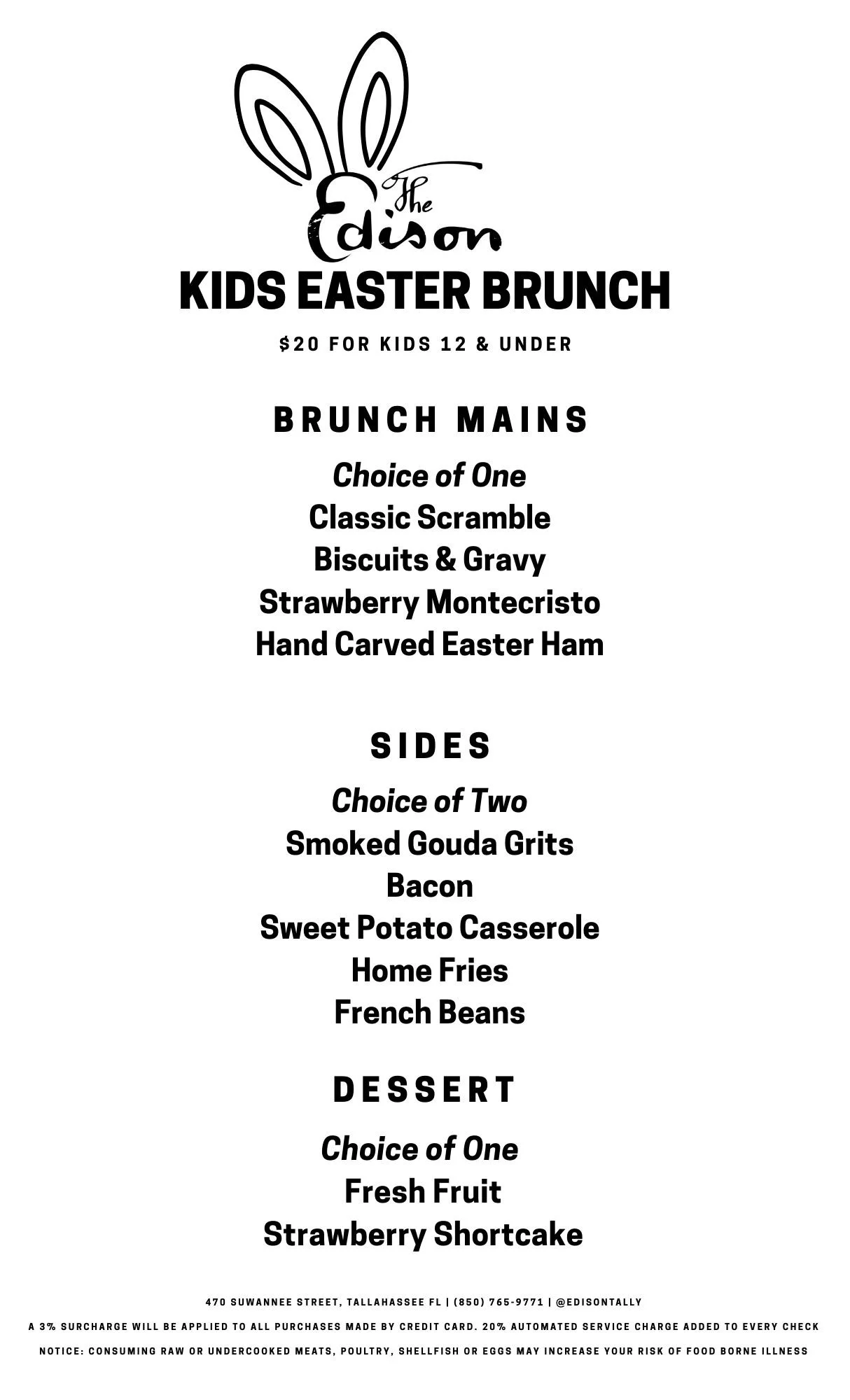 2026 Edison Easter Menu KIDS 12 and under
