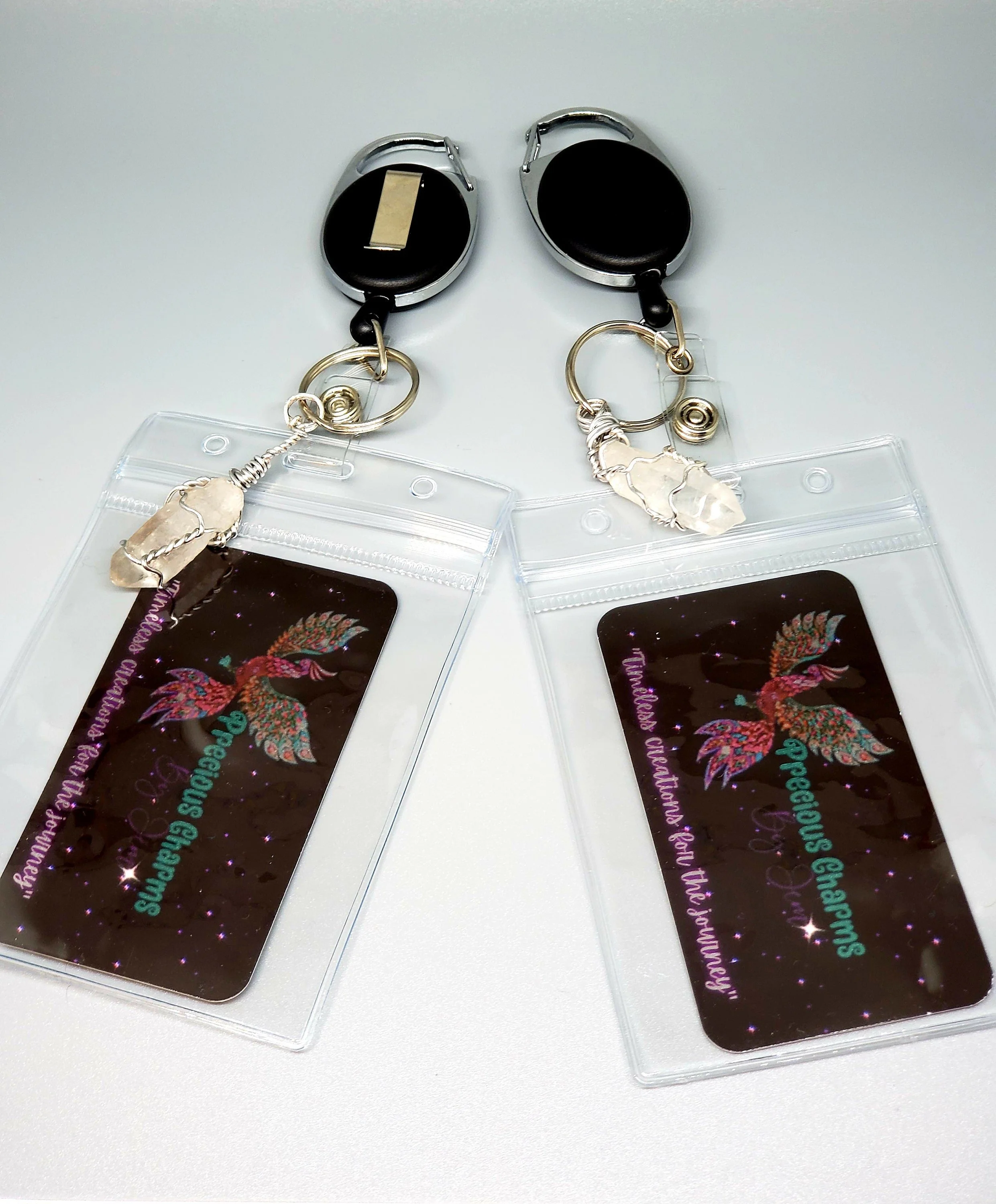 Clear Quartz Crystal l ID Keychain | Retractable ID Clip and Carabiner | Multipurpose | Waterproof ID Holder Included