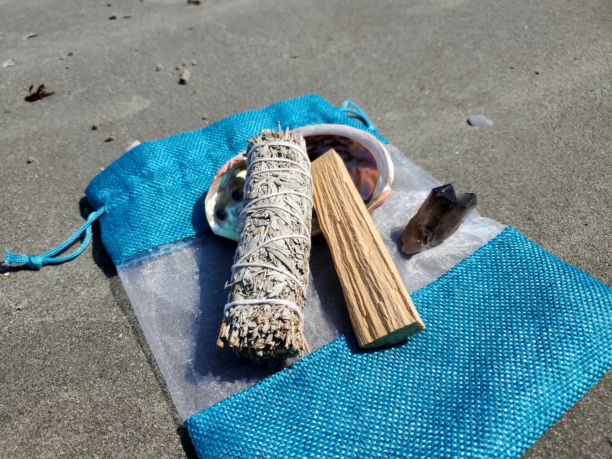 Blue Sage Kit, Sage Smudge Kit with Palo Santo, Abalone Shell, and Smokey Quartz | Travel Kits | Spiritual Gifts
