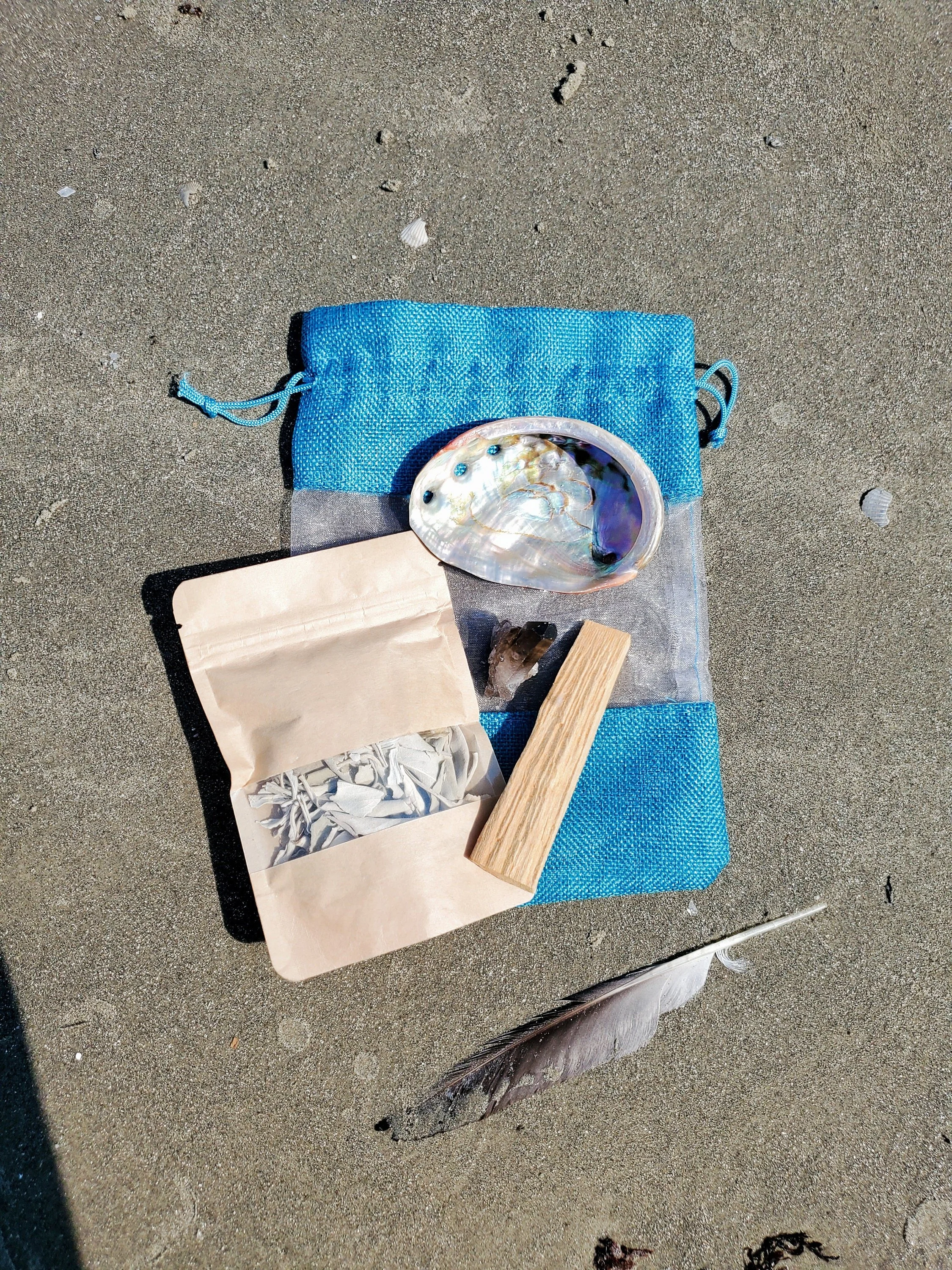 Smudge Bundle, Energy Cleansing Kit, White California Sage, Palo Santo andSmokey Quartz