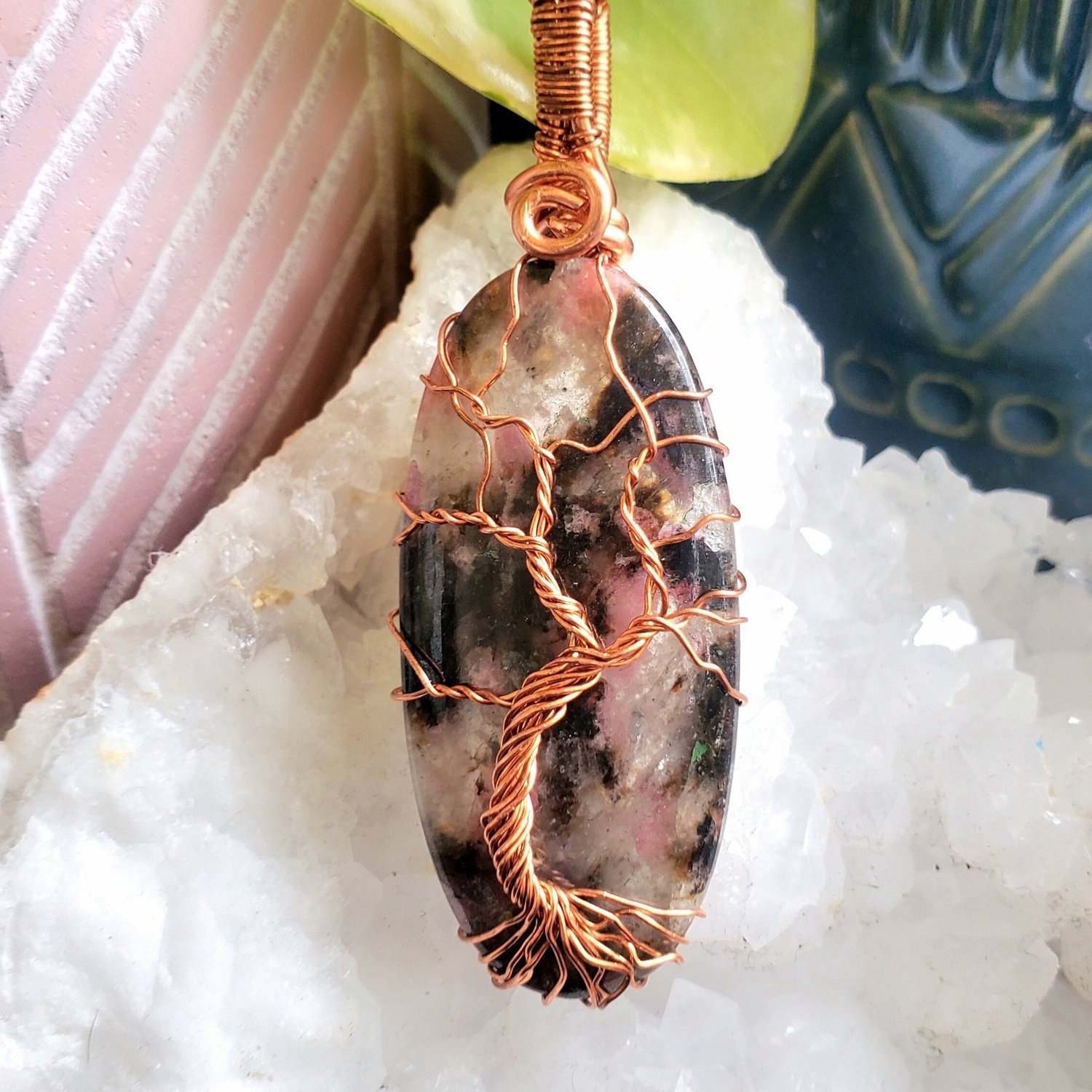 Rhodonite with Quartz Necklace in Bare Copper | Crystal Necklaces | EMF Protection | Unisex Jewelry | Love Protection