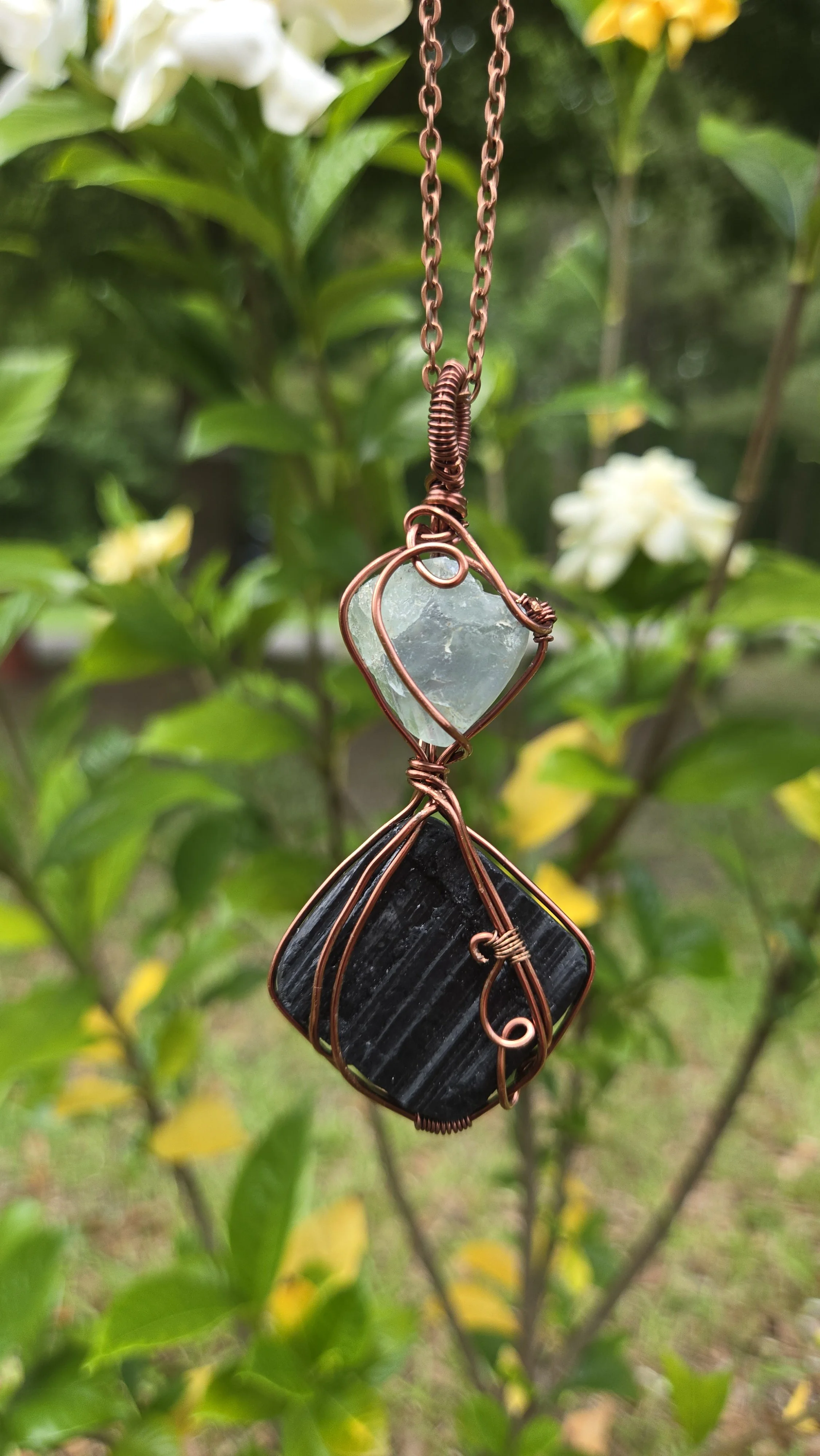 Fluorite and Black Tourmaline Necklace | Copper Crystal Jewelry