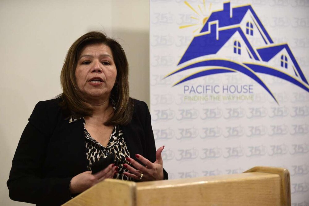  Local and state officials speak including Connecticut Commissioner of the Department of Housing, Seila Mosquera-Bruno, as Pacific House holds a ribbon cutting ceremony Friday, April 16, 2021, for a new property with 12 units of housing for formerly 