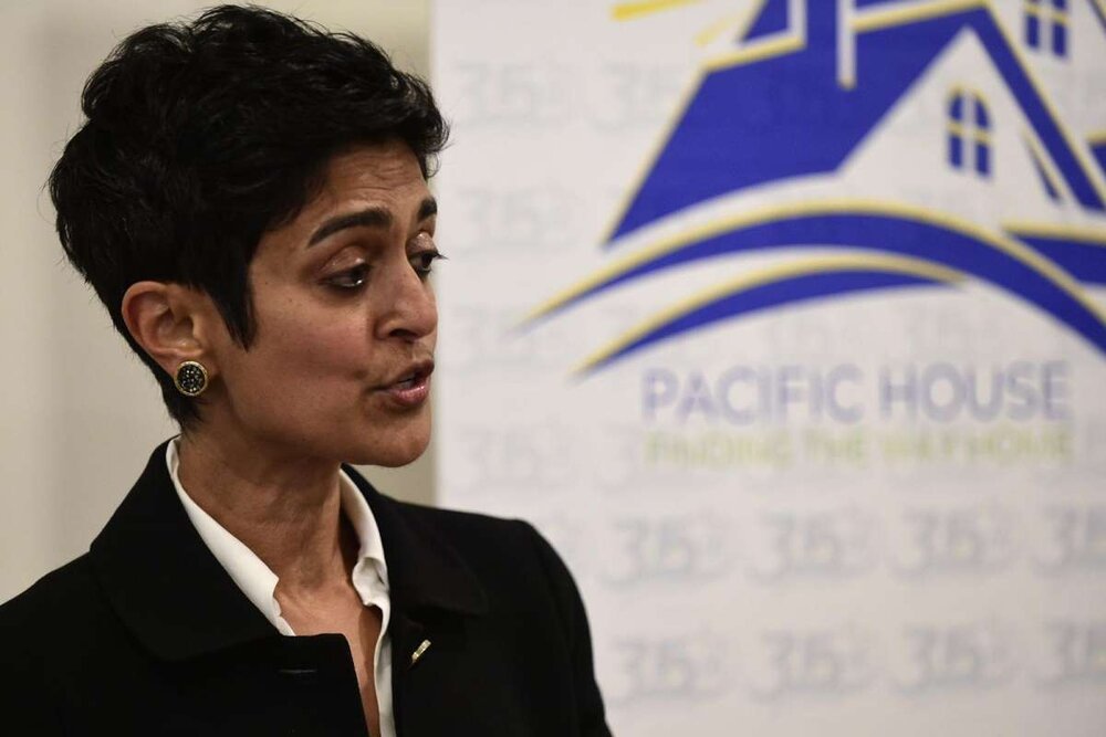  Local and state officials speak including CHFA Chief Executive Officer, Nandini Natarajan, as Pacific House holds a ribbon cutting ceremony Friday, April 16, 2021, for a new property with 12 units of housing for formerly homeless individuals in Norw