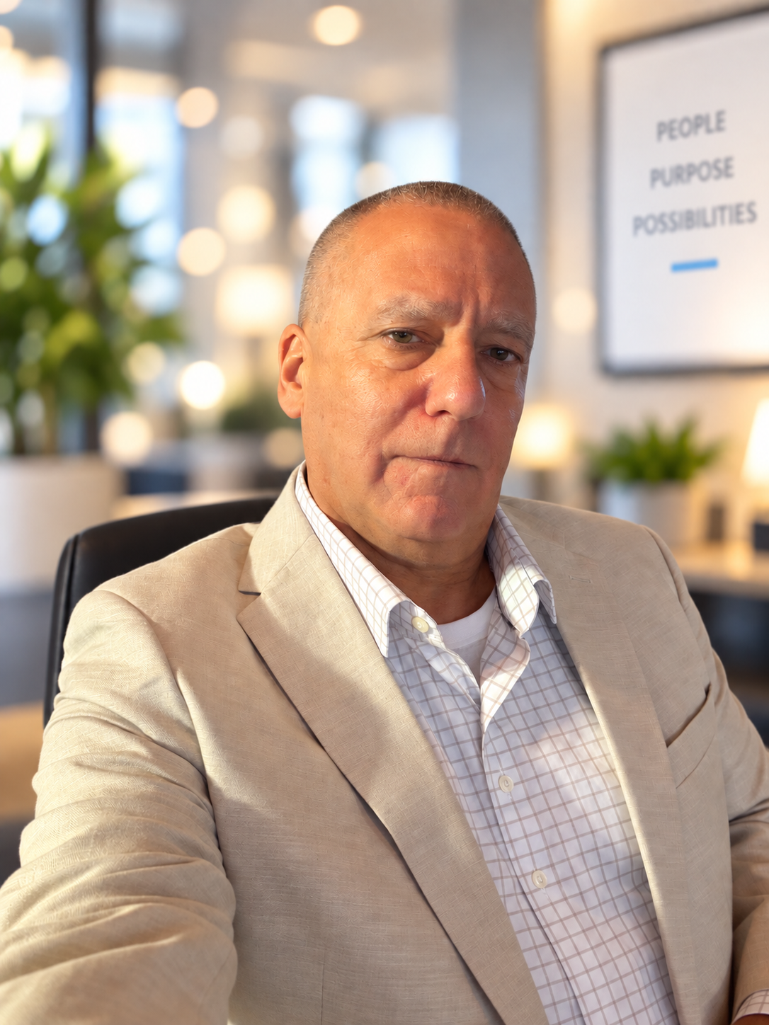 A middle-aged man in a beige suit sitting at a desk in a modern office, with blurred background including a plant and a framed print that reads 'People Purpose Possibilities'.