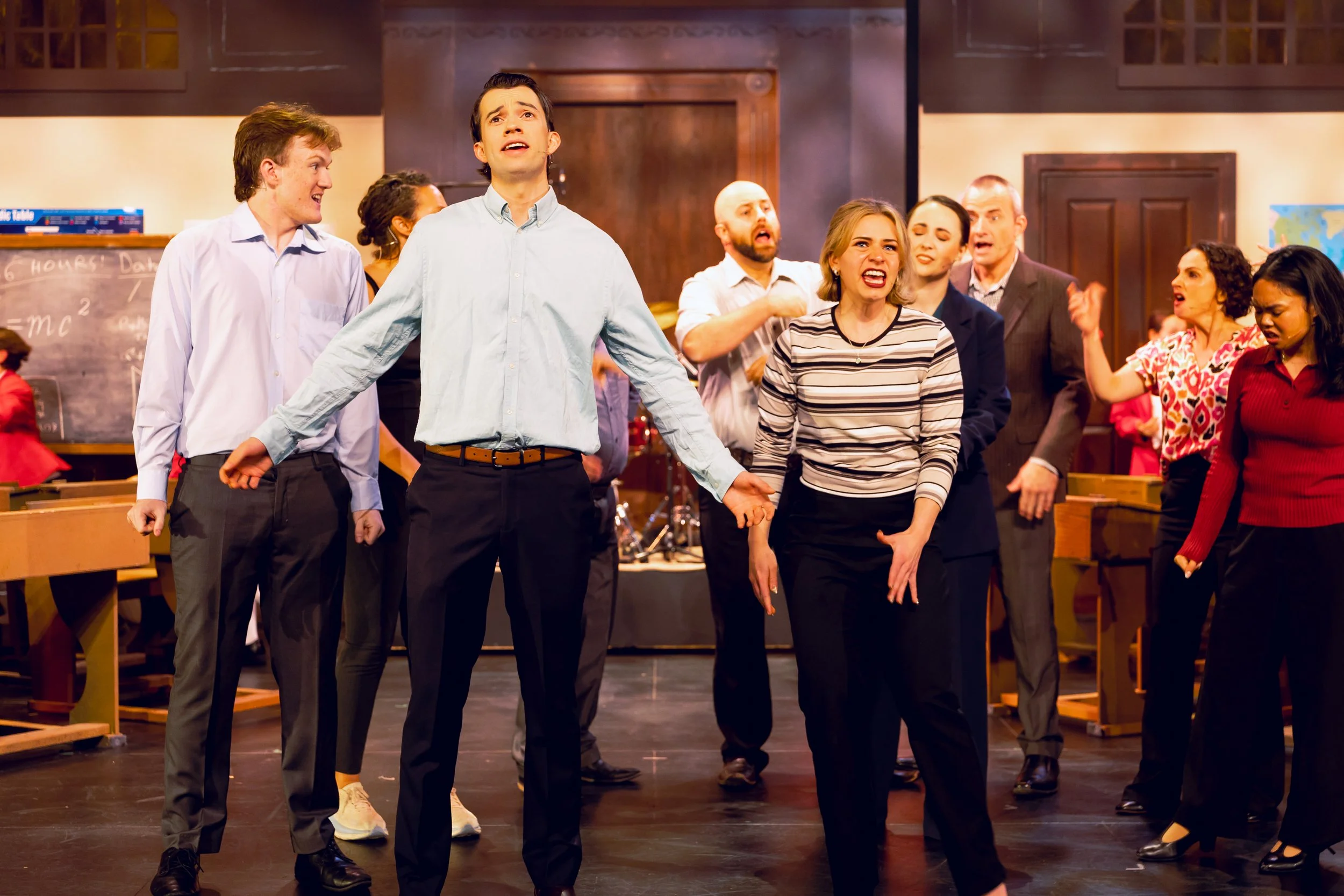 School of Rock production photo capturing Ned, Patty, and the parents panicking after discovering the kids are missing to play at Battle of the Bands, taken at the National Theatre Melbourne