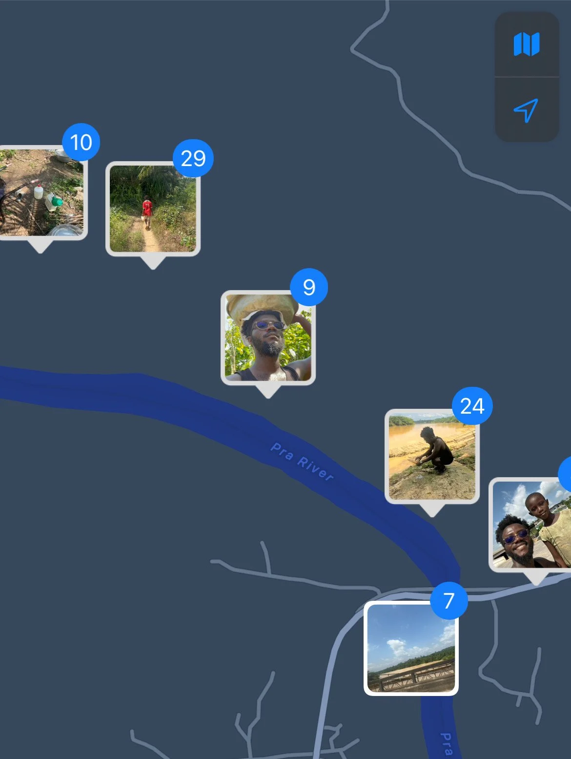 GIS markers: along the polluted Pra River, Ghana