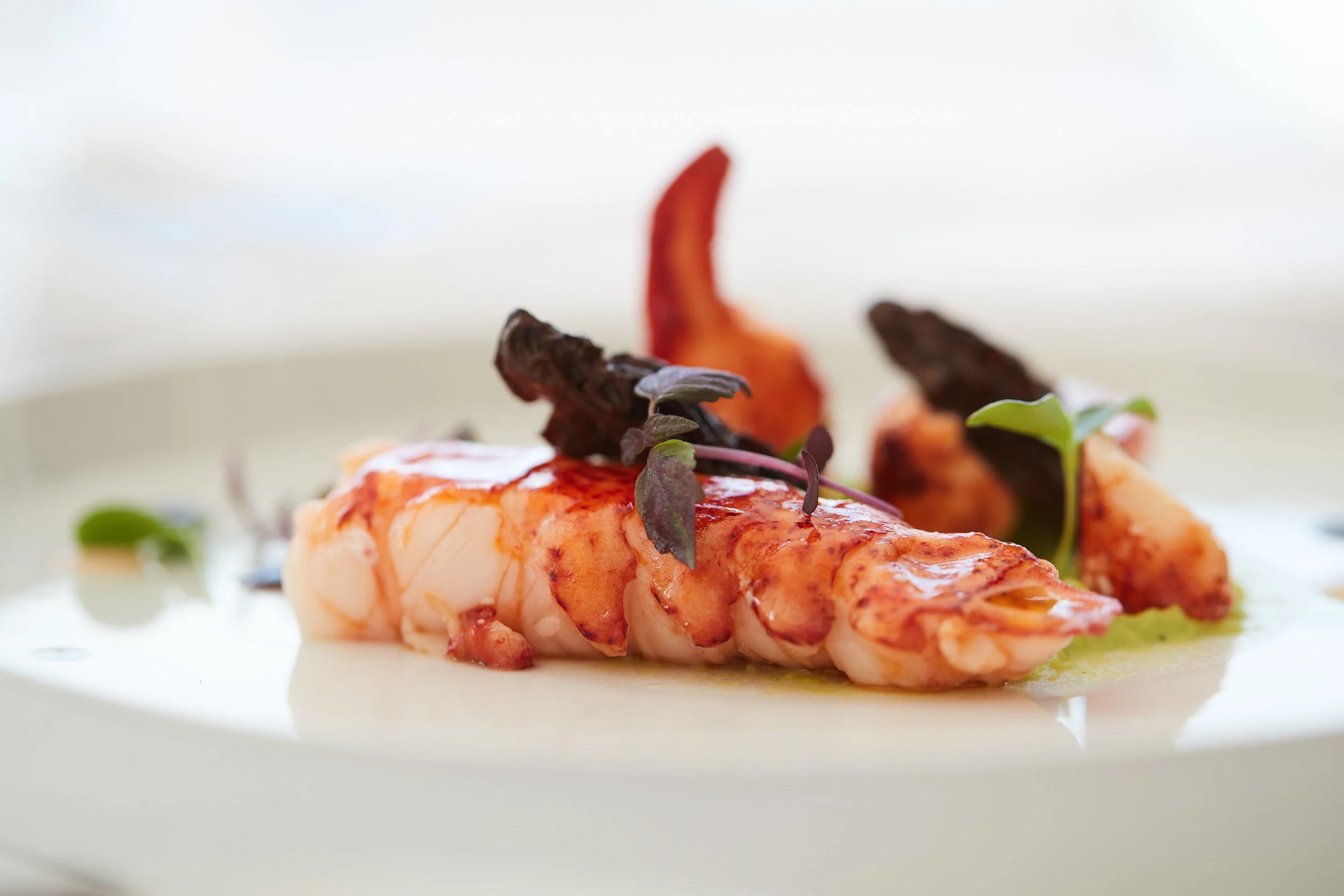 Close-up of a seafood dish with a cooked shrimp garnished with herbs, served on a white plate with a light background.