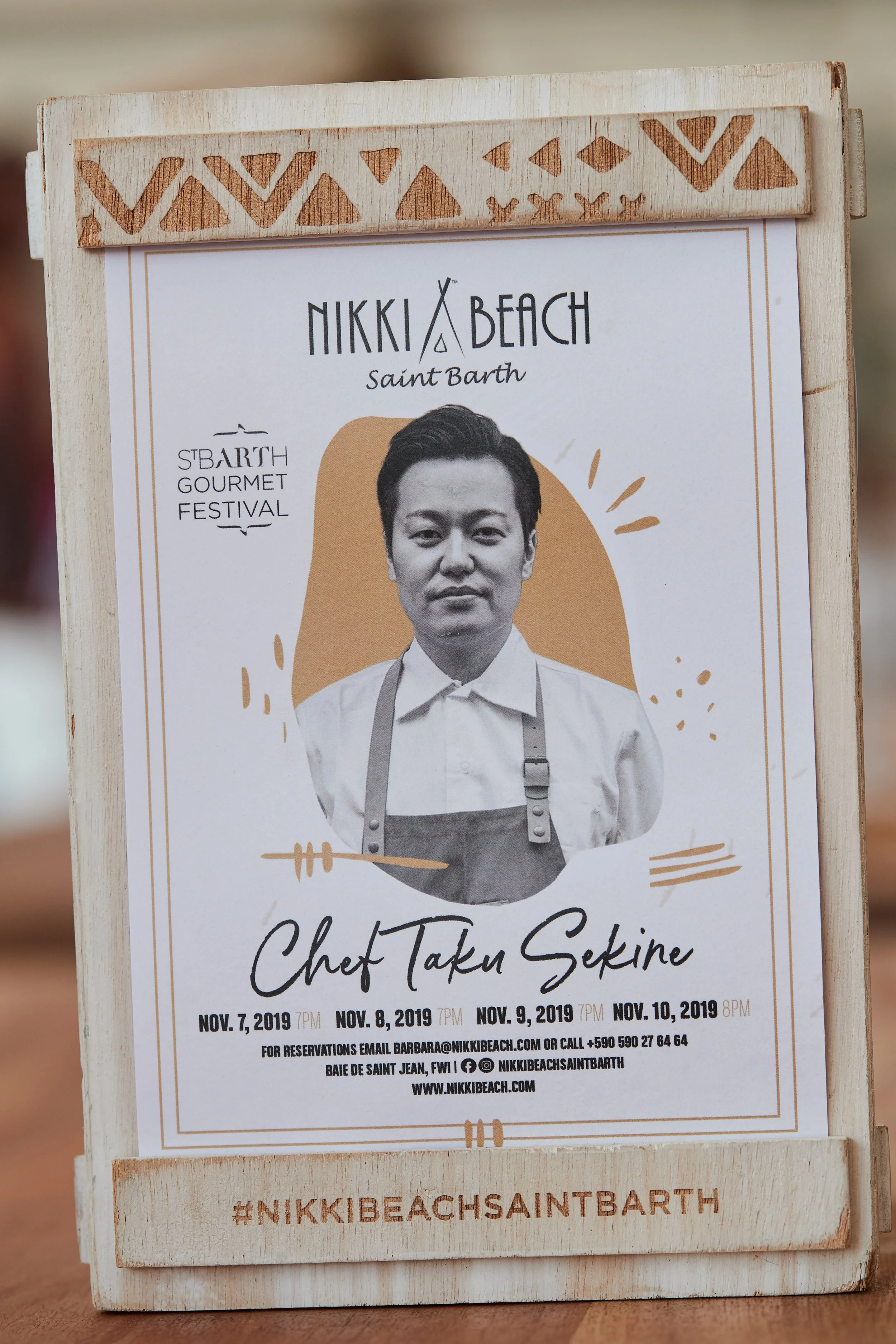 Event poster for Nikki Beach Saint Barth's St. Barth Gourmet Festival featuring Chef Taku Sekine, with dates from November 7 to November 10, 2019.