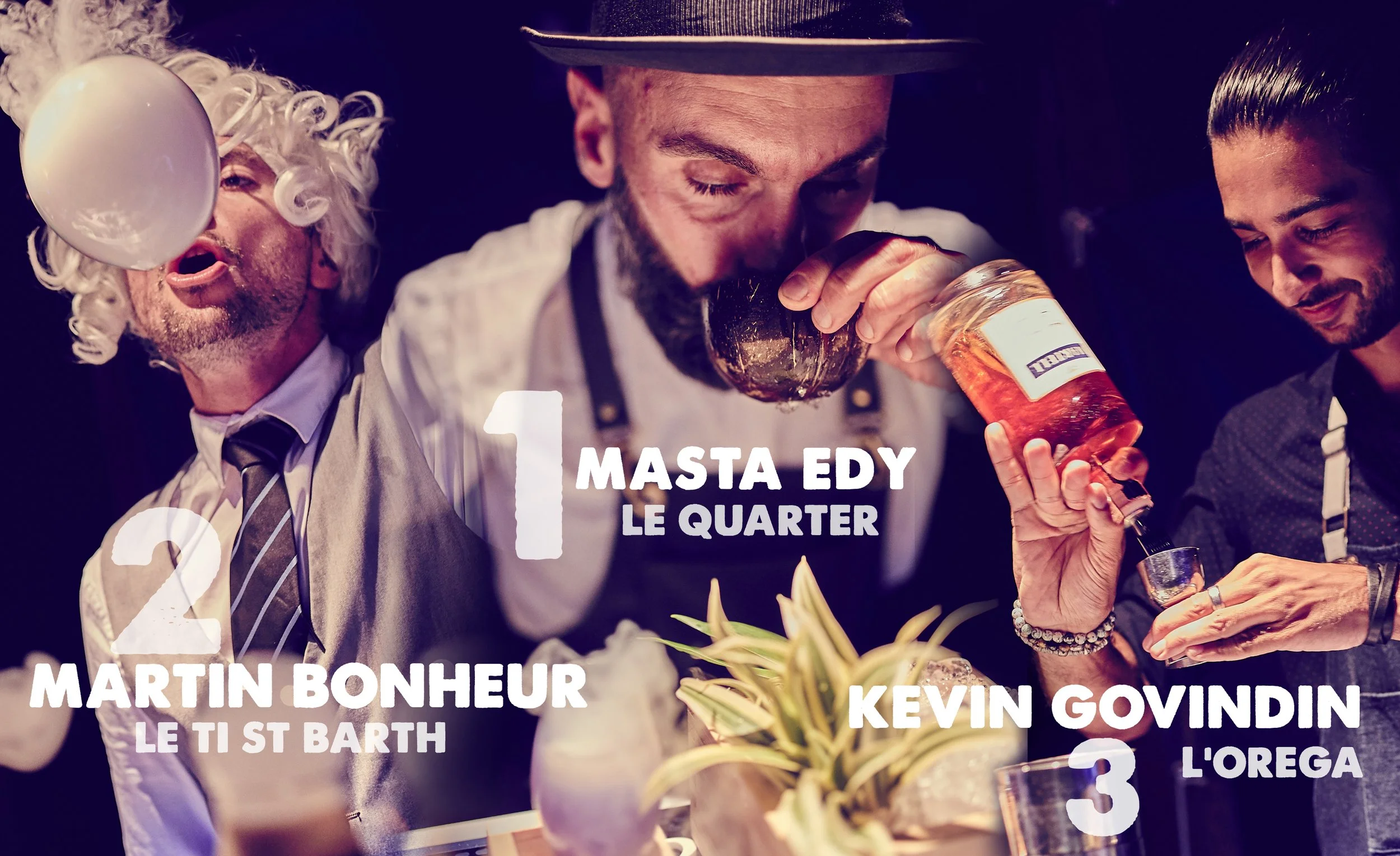 Three men dressed as bartenders, one with curly white hair blowing a bubble, another in a hat drinking from a bottle, and the third smiling while pouring a drink, with a pineapple in front of them.