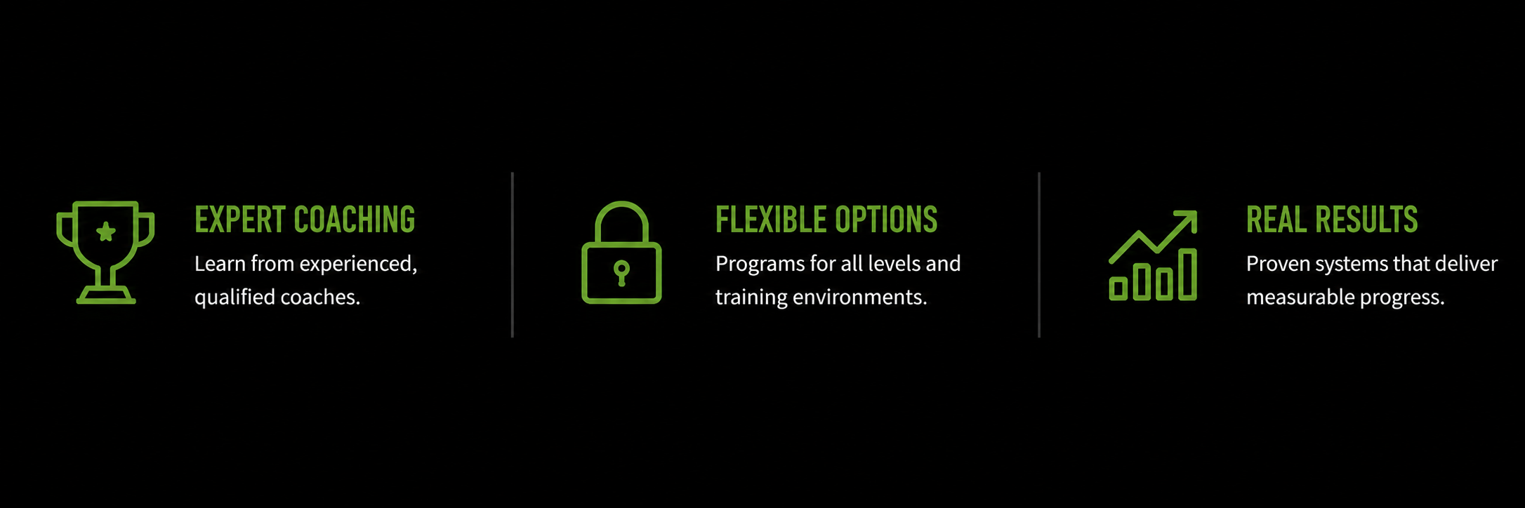 Three sections of green icons and text on a black background promoting coaching, flexible options, and real results.