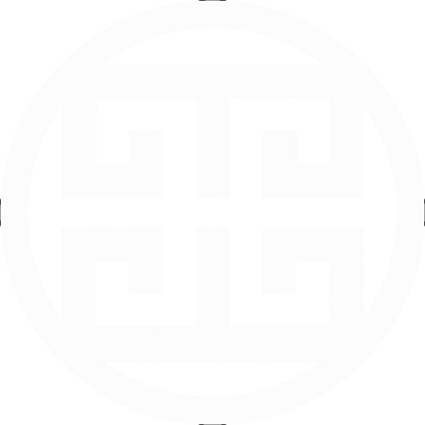 Black and white circular emblem with a swastika symbol inside.