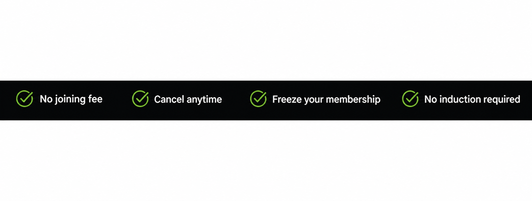 Membership benefits banner for Pantheon Plymouth highlighting no joining fee, cancel anytime, freeze your membership, and no induction required with green check icons on a black background.