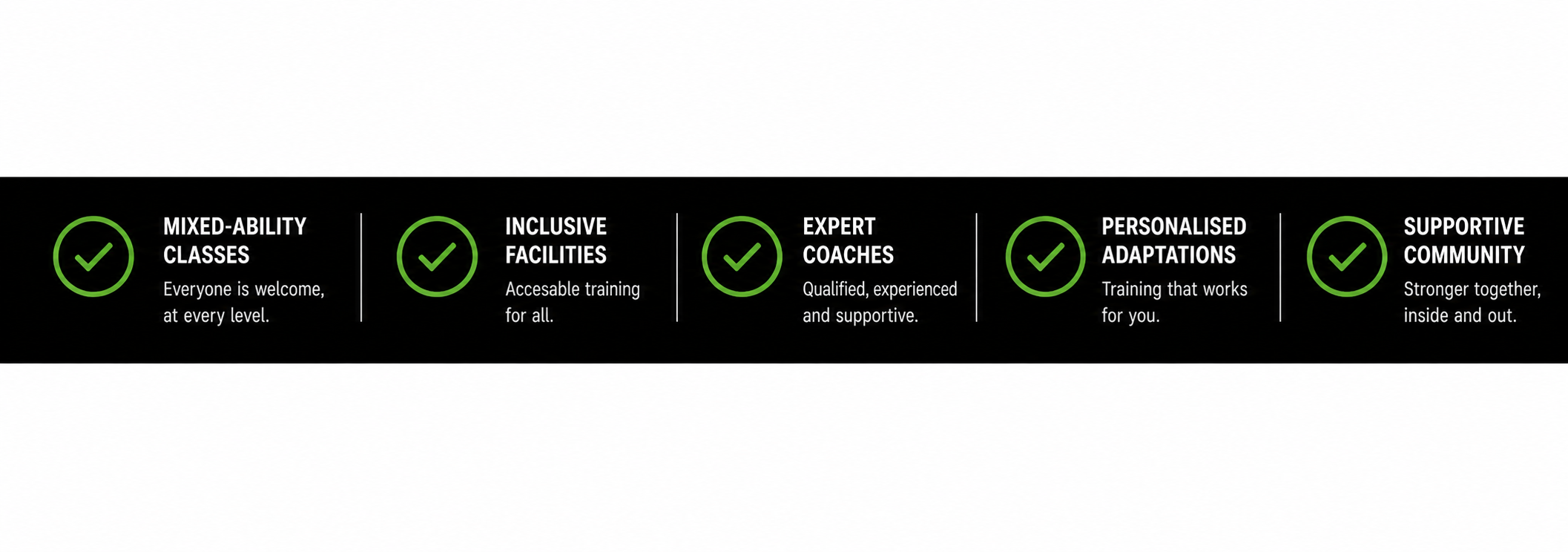 Pantheon Plymouth inclusivity banner highlighting mixed-ability classes, accessible facilities, expert coaches, personalised adaptations and a supportive fitness community.