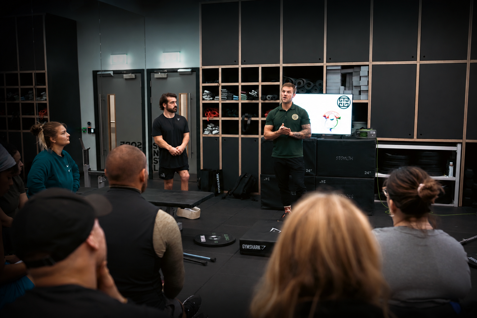 Fitness professionals attending a practical adaptive training workshop at Pantheon Plymouth, led by an experienced coach delivering inclusive fitness education in a gym environment.