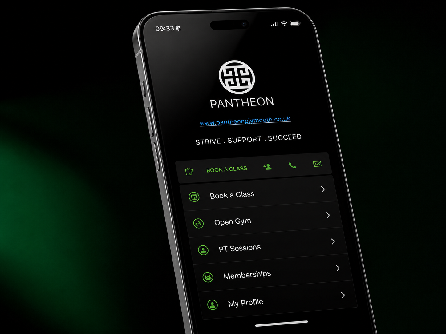 A smartphone screen displaying the 'Pantheon' app with options for booking classes, opening a gym, PT sessions, memberships, and profile, against a dark background.