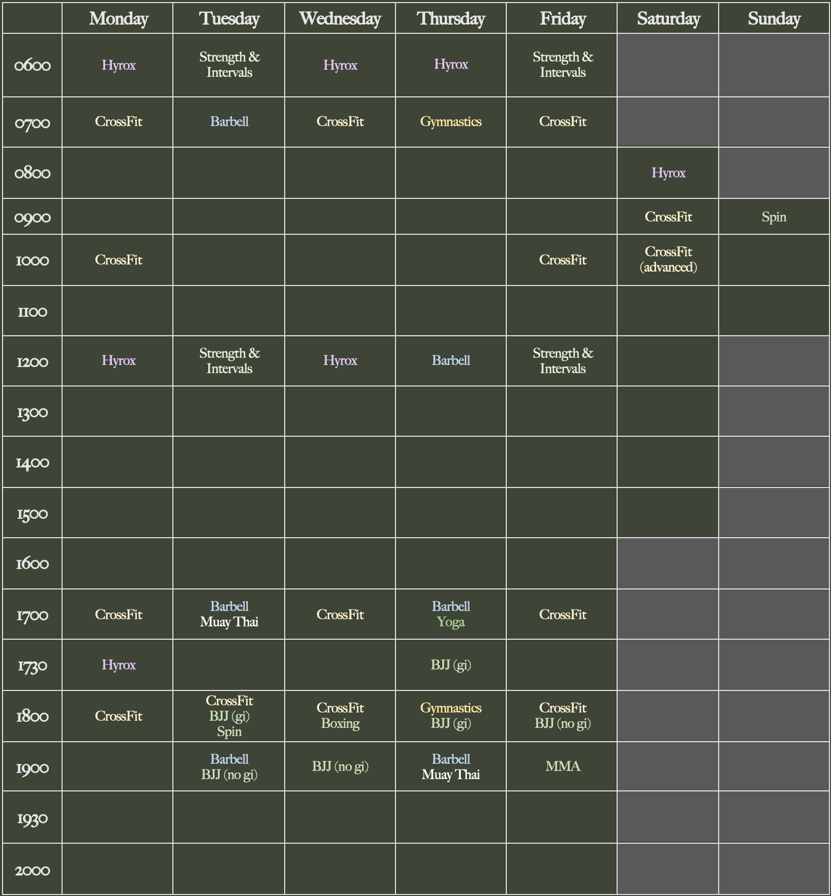 A weekly fitness class schedule in a table format, listing activities from 6:00 am to 8:00 pm across each day of the week from Monday to Sunday, including classes like Hyrox, CrossFit, Barbell, Muay Thai, Yoga, BJJ, Spin, Boxing, MMA, and Gymnastics.