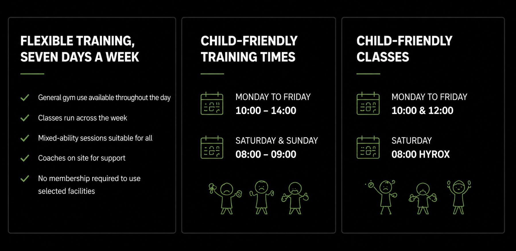 Flexible training and family-friendly fitness at Pantheon Plymouth. Seven-day gym access, coached classes, child-friendly training times, and inclusive fitness opportunities for members in Plymouth, Devon.