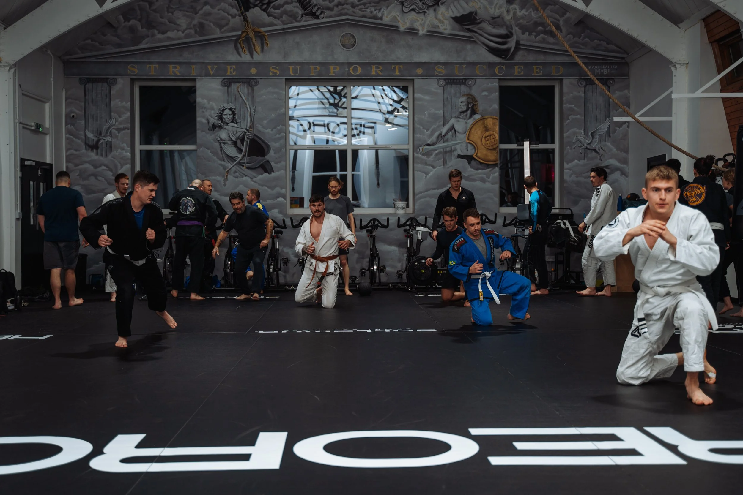 Martial arts training session at Pantheon Plymouth featuring Brazilian Jiu-Jitsu practitioners in the dedicated matted training area beneath the gym's iconic mural.
