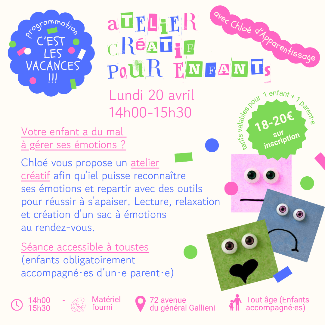 Atelier créatif pour enfants sur les émotions avce Chloé d’Aparentissage