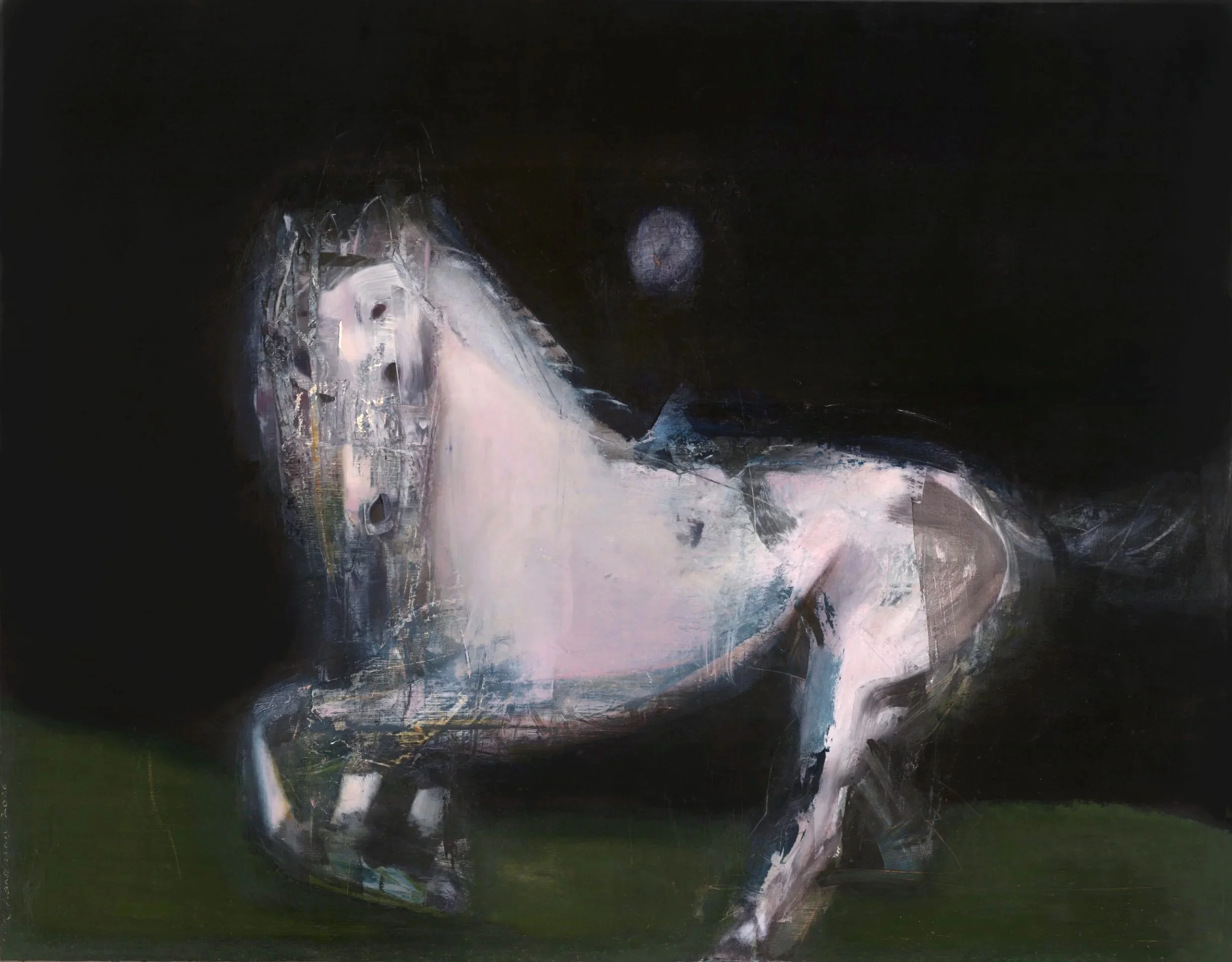 White horse night field (67cm x 87cm)  Oil on board  (available as a print)