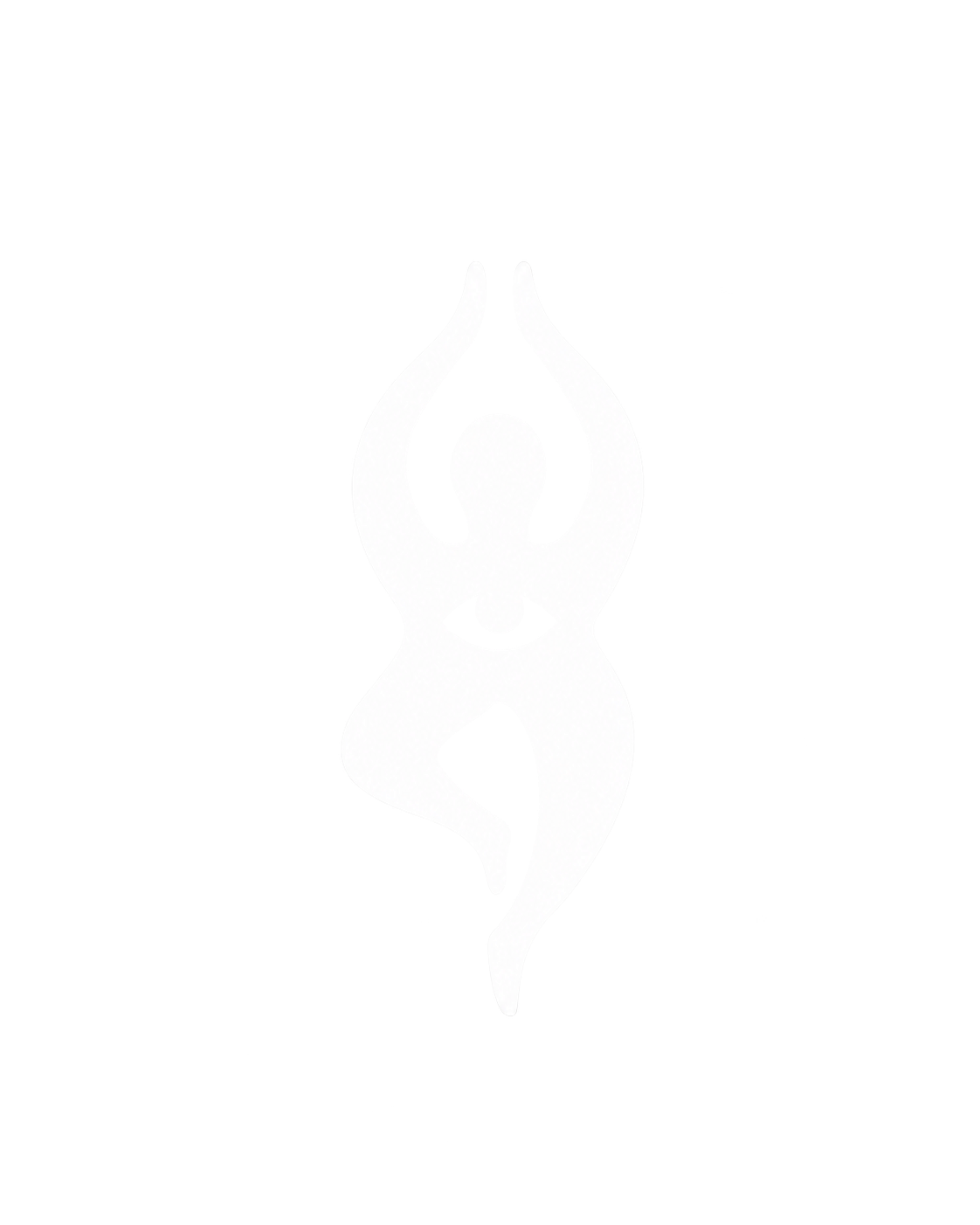 Immagine in bianco e nero di una figura umana stilizzata con capelli ricci, mani sollevate sopra la testa, e un sorriso, simbolo di yoga o meditazione.