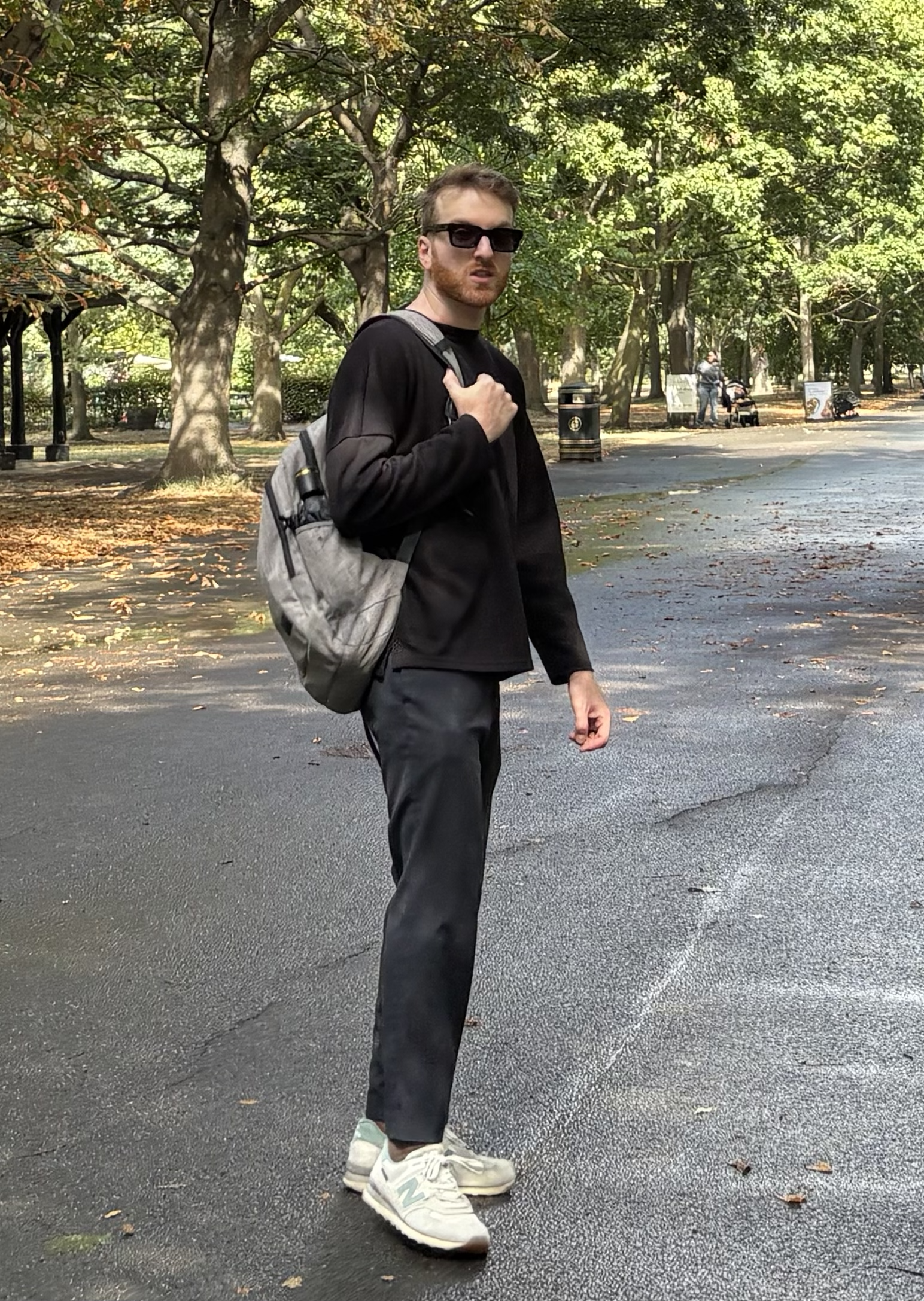 Mark Steinbach is a writer and producer in New York. This is him in London holding a backpack and wearing New Balance sneakers.