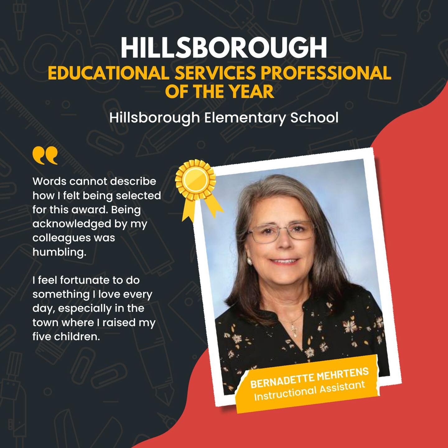 Congratulations to Bernadette Mehrtens, Hillsborough Elementary School Teacher of the Year!