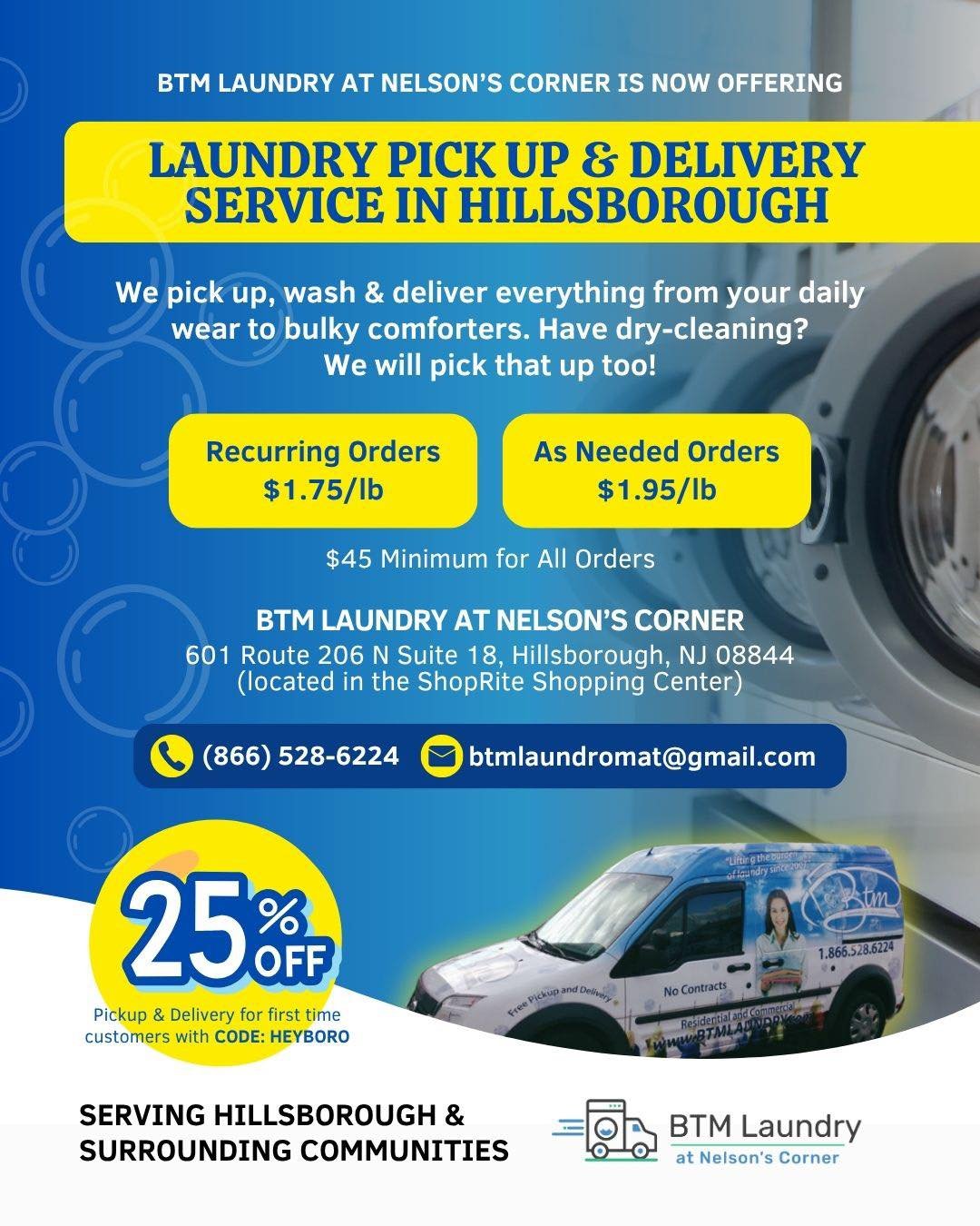 BTM Laundry now offers convenient pickup and delivery! We make laundry day disappear.
Here's how we make your life easier:
We pick up everything &ndash; from your daily wear to those bulky comforters.
We also pick up your dry cleaning, saving you ano