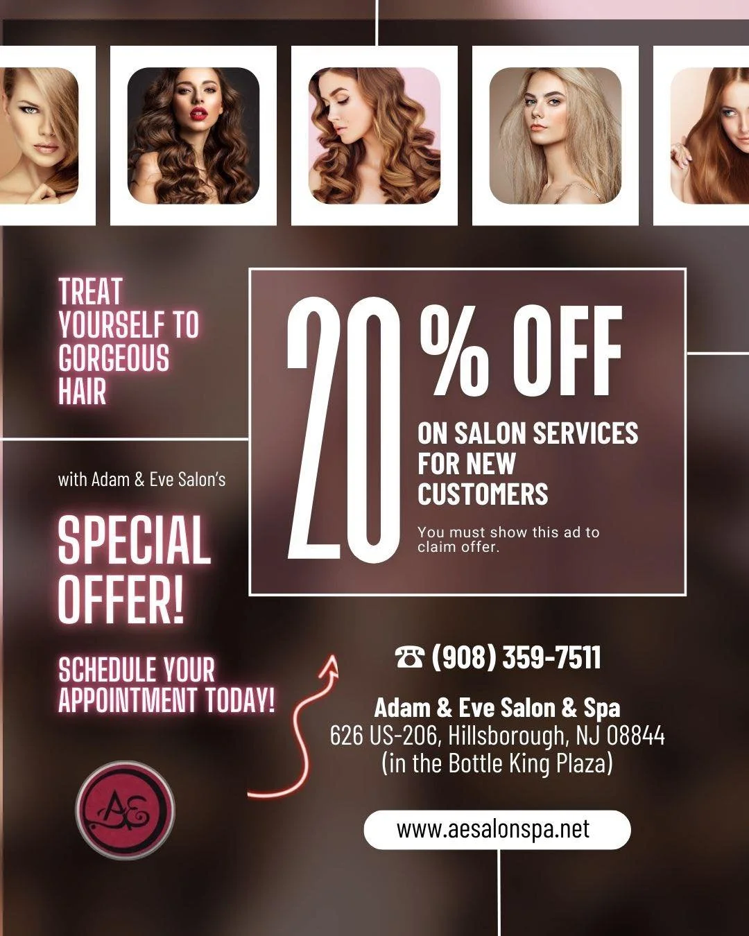 www.aesalonspa.net
20% OFF salon services at Adam & Eve Salon & Spa. Whether you're craving a bold change, a subtle refresh, or just some self-care, we've got you covered.
Offer valid for New customers only.
📍Located in Hillsborough, NJ (Bo