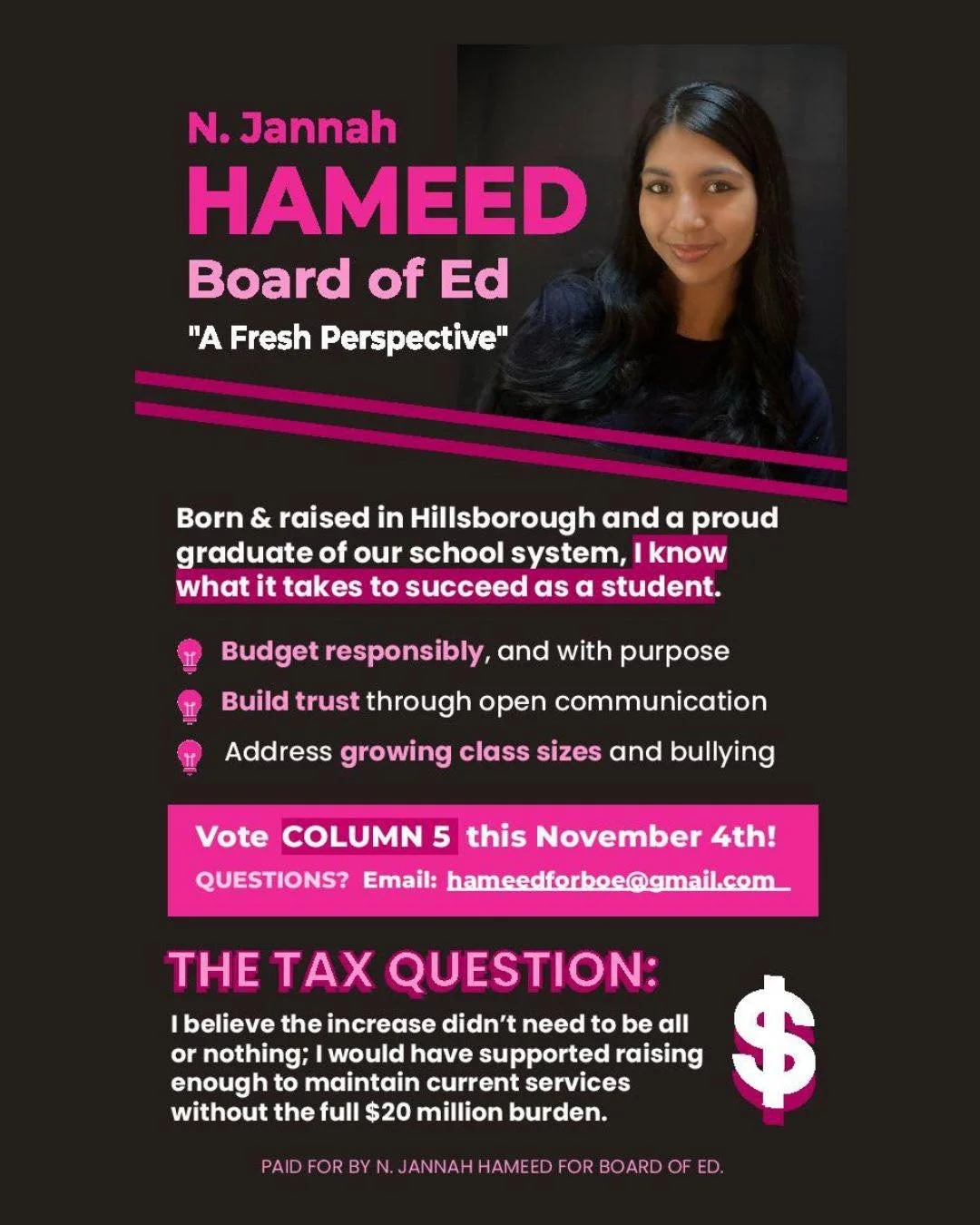 Vote for Jannah Hameed for 2025 Hillsborough Board of Education 
www.heyboro.com/news/jannah-hameed