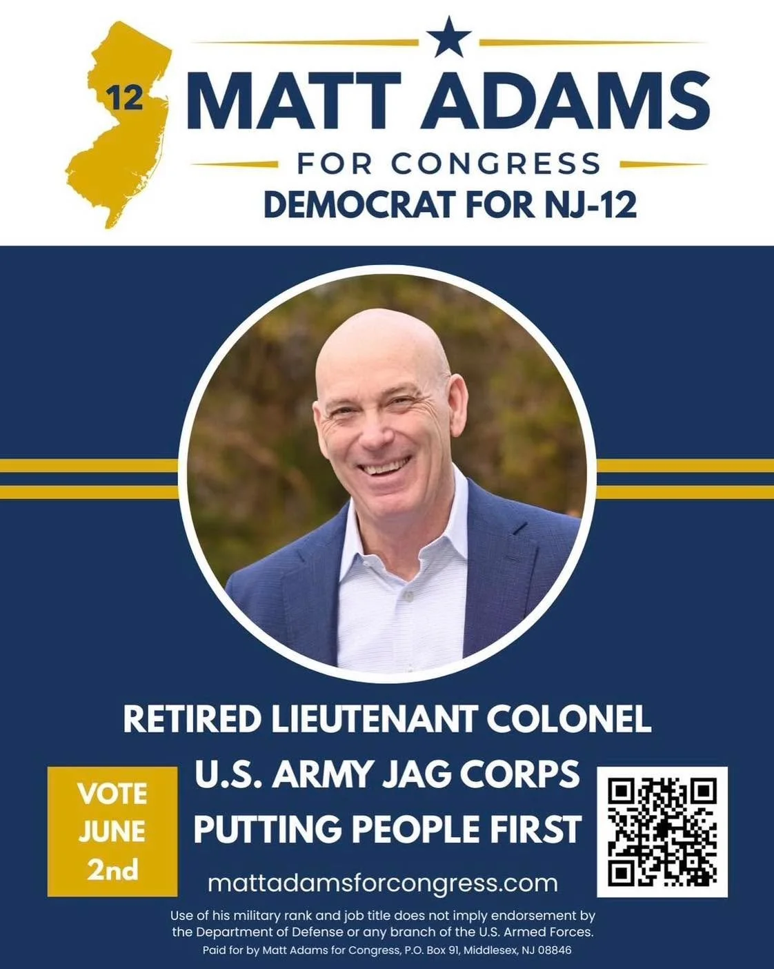 Matt Adams is running (literally) for Congress in NJ-12.

I am running for Congress in NJ 12 (the Primary is June 2nd), and thought I might get to know each town in the 12th a little better by running an improvised 5K through the streets. I will be r