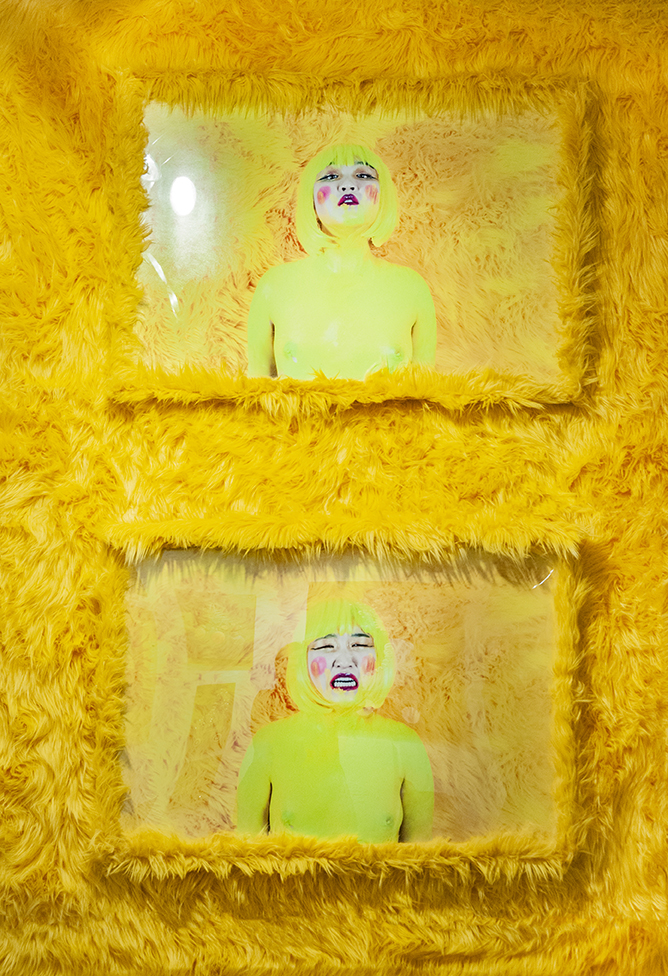   I DARE YOU TO BUY ME I &amp; I DARE YOU TO BUY ME II   Photography Installation: Archival prints, yellow shag fur frame, yellow shag fur.  2019 LA Art Show Installation View. 