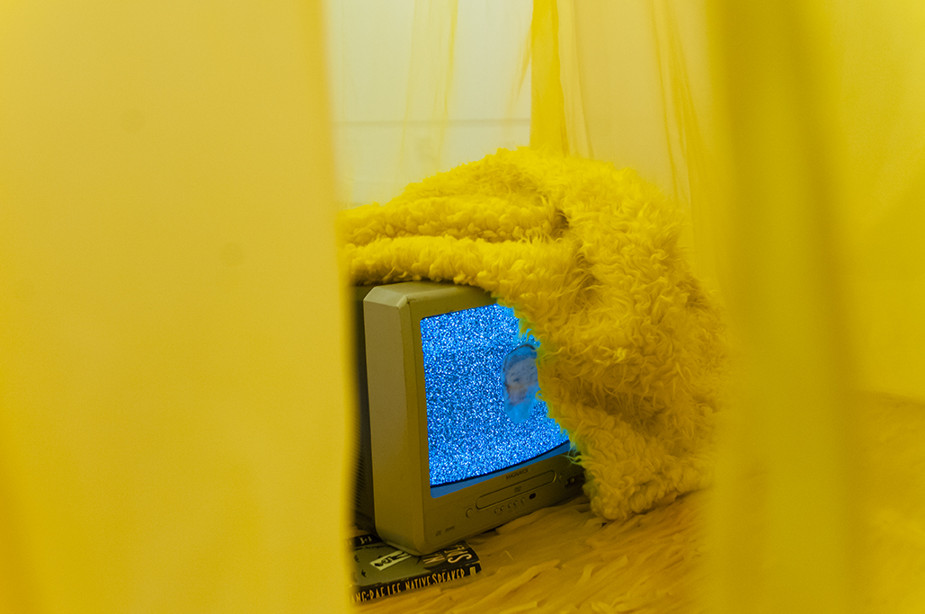 Is this | This is… Multimedia installation: yellow curtains, old television, copy of Native Speaker by Chang Rae Lee, wig, 20 packs of rectangle dan moo ji, 5 packs of circle dan moo ji, print, shag rug, scrabble letters. 120” x 240” x 240” Detai