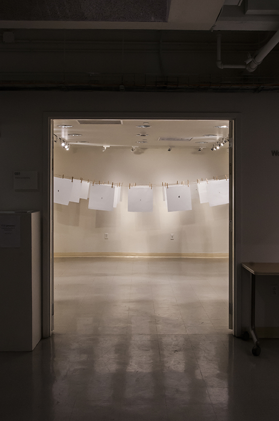지문 (jē•mōōn): Exploring Equality in South Korea. Ink prints on mulberry fiber paper hung from twine and clothespins.