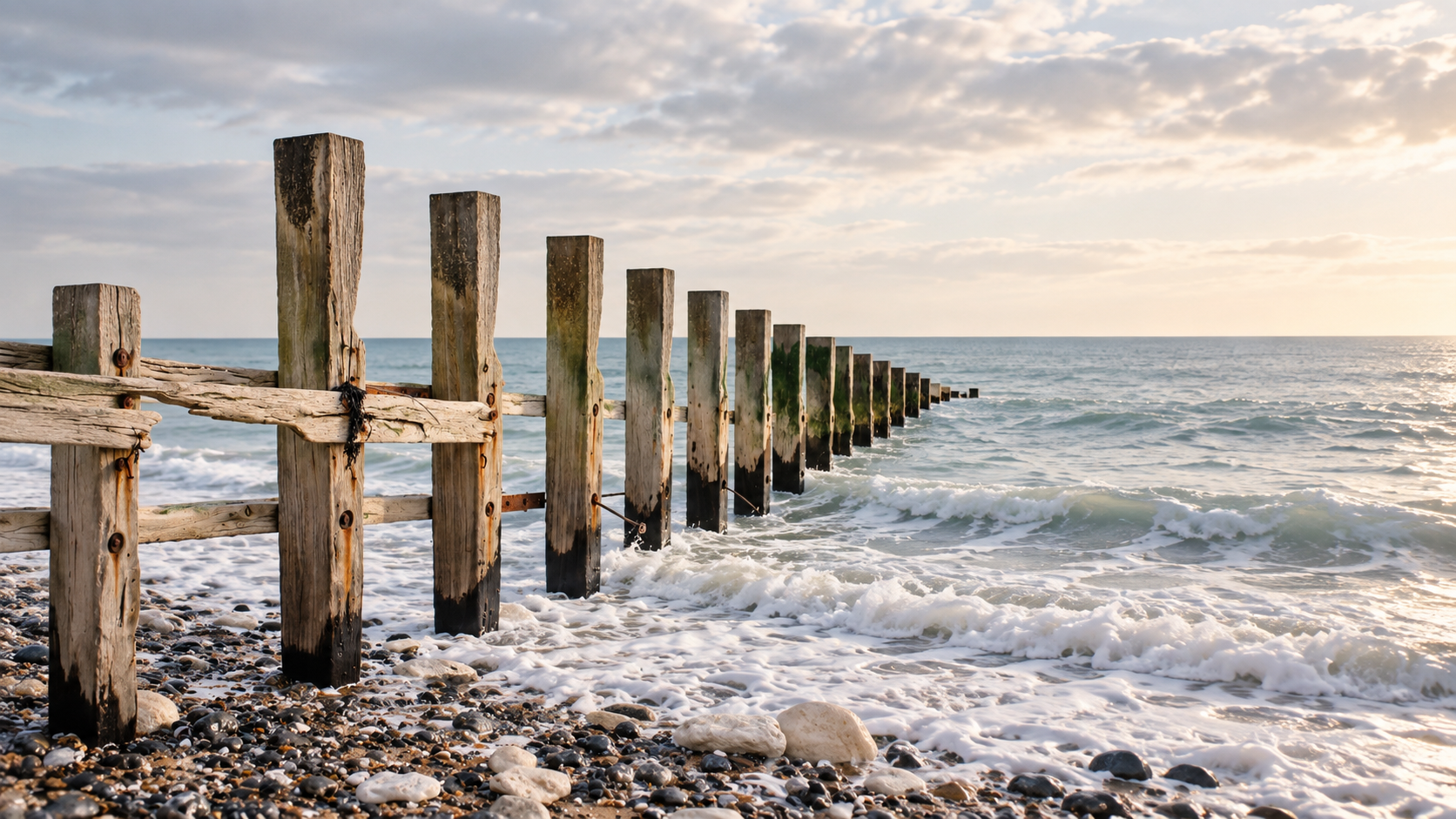 Wooden pier extending into the ocean with waves hitting the shore, rocks scattered on the beach, and a partially cloudy sky at sunset.