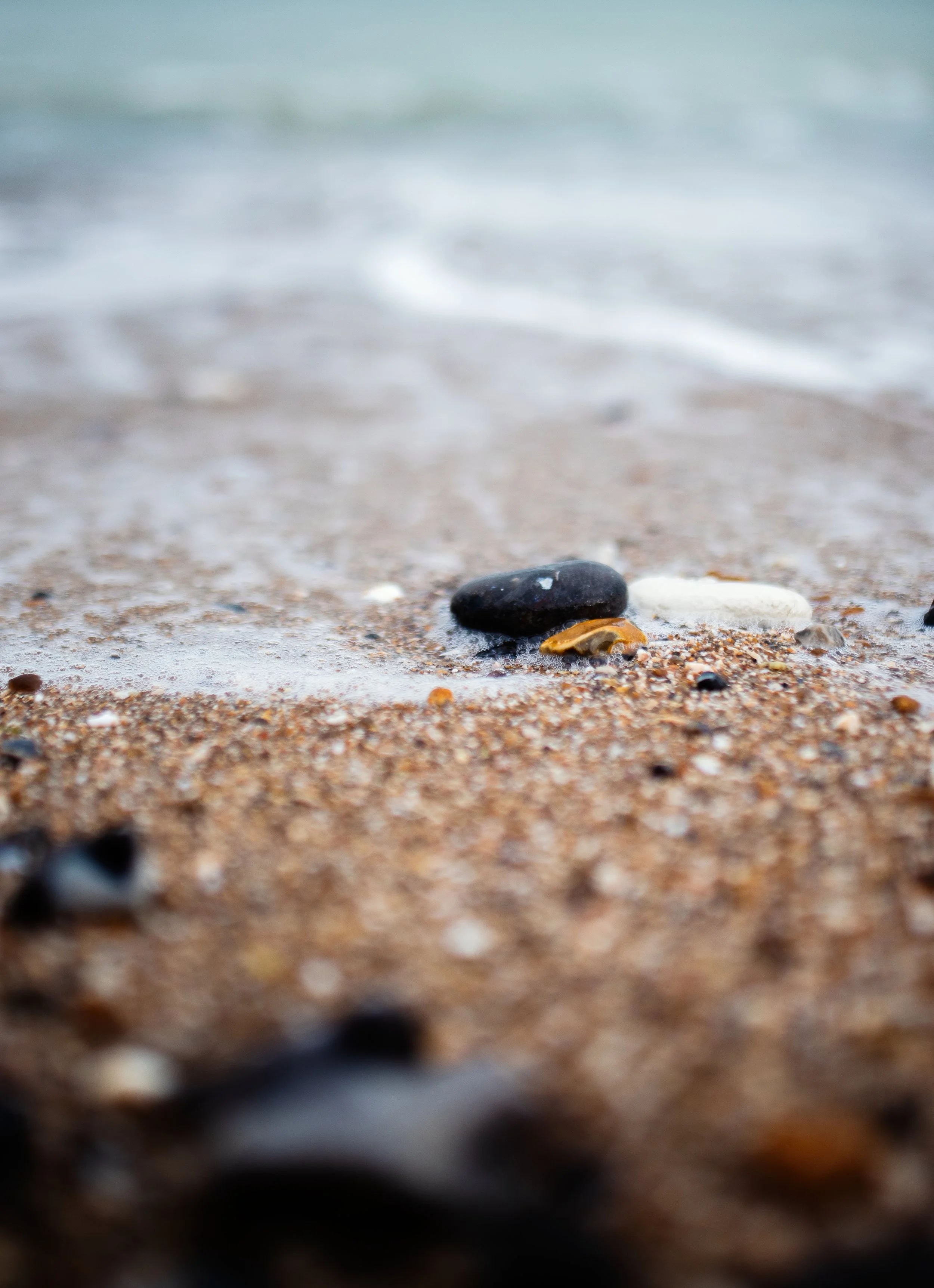 Close-up of a few small colorful shells and stones on sandy beach with blurred ocean waves in the background.