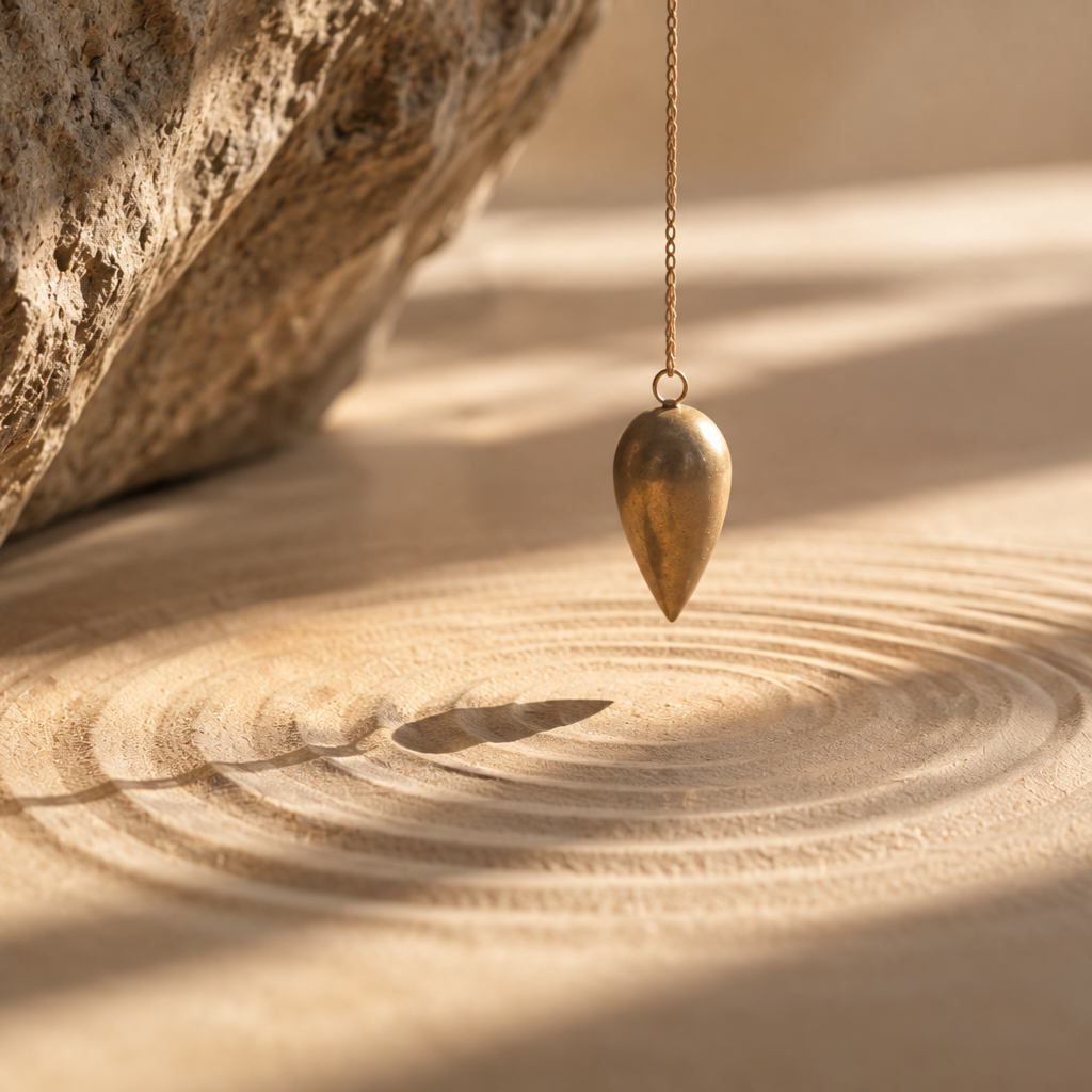 A gold pendulum hanging from a chain, casting rippling shadows on a textured wooden surface with a rough rock in the background