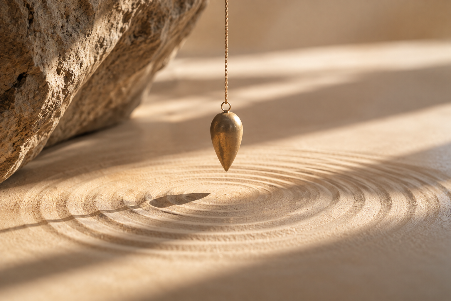 A metallic pendulum hanging from a chain below a rock, casting concentric shadow ripples on a sandy surface.