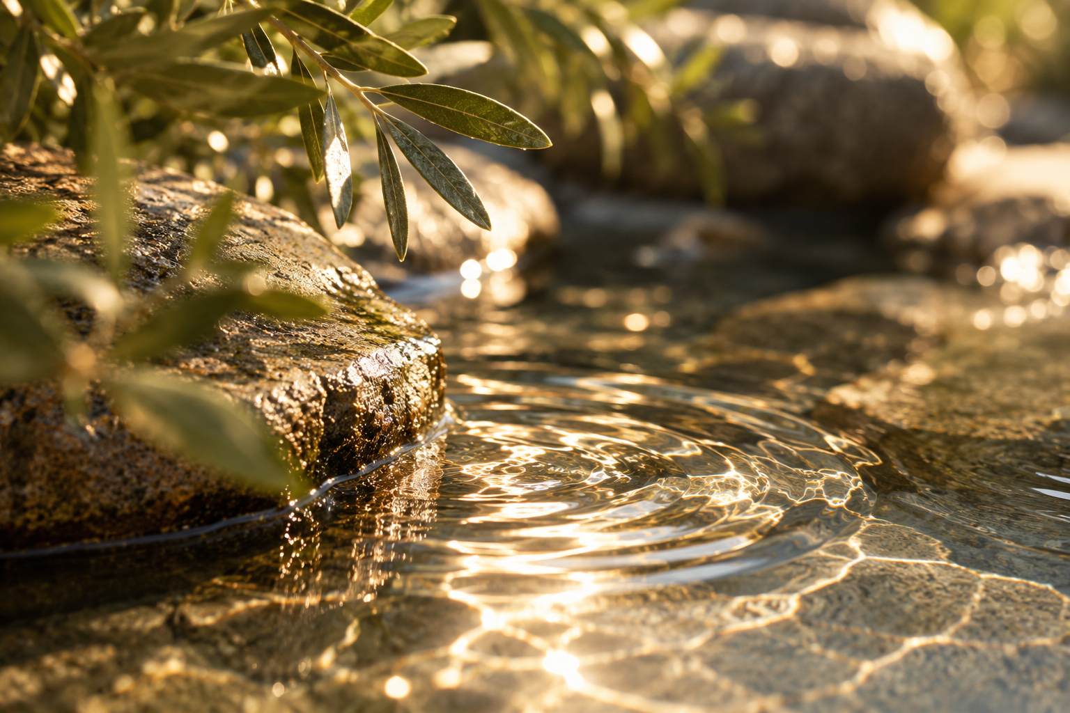 A close-up of a small stream with water rippling over rocks, surrounded by green leaves in warm sunlight.