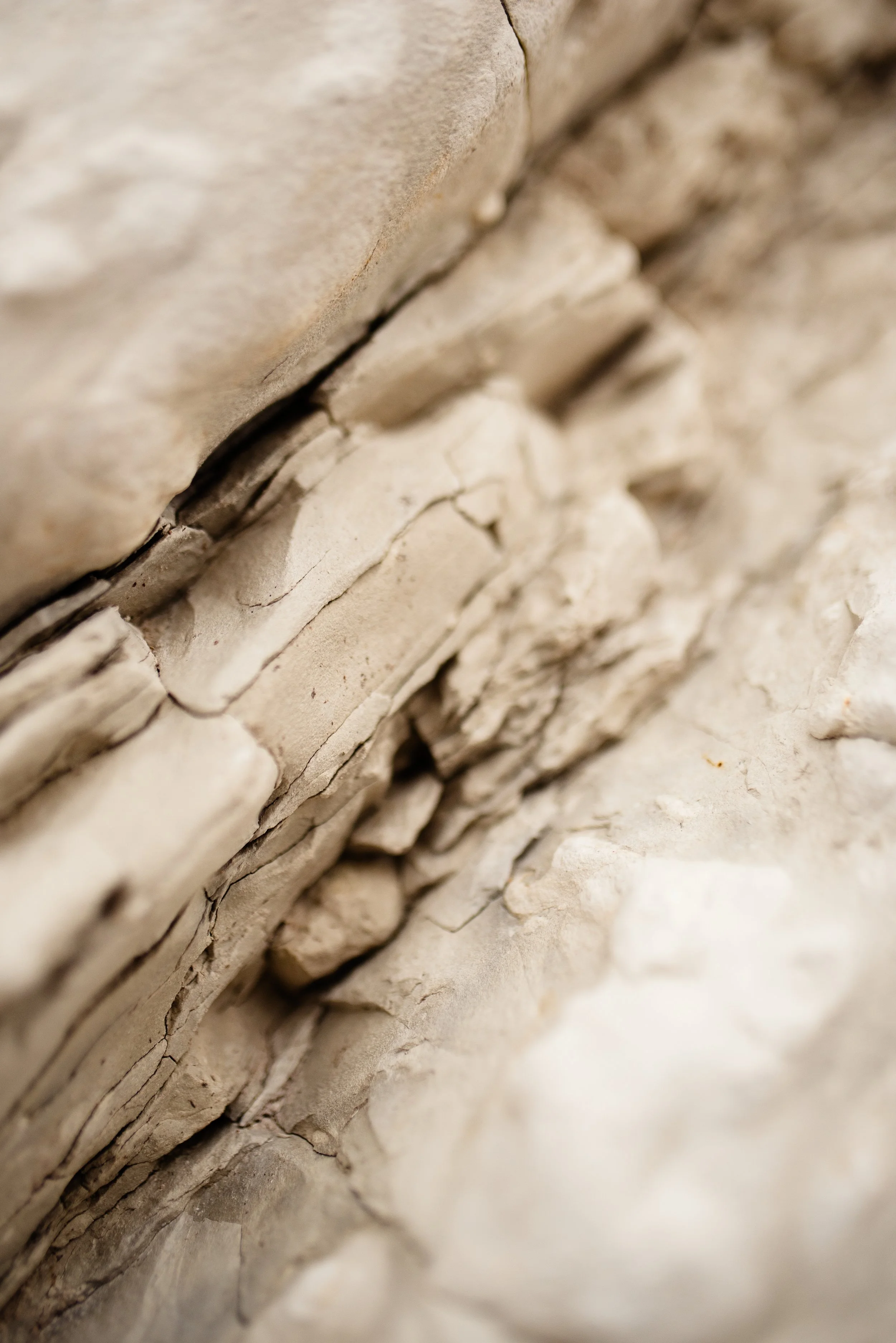 Close-up of a textured, beige-colored brick wall, showing the mortar lines and uneven surface of the bricks.