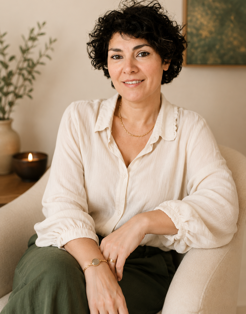 A woman with short, curly dark hair and light skin sitting on a beige armchair, smiling at the camera. She's wearing a cream-colored blouse with rolled-up sleeves, a gold necklace, a bracelet, and a ring. There is a small lit candle and a plant in a vase on a side table behind her.