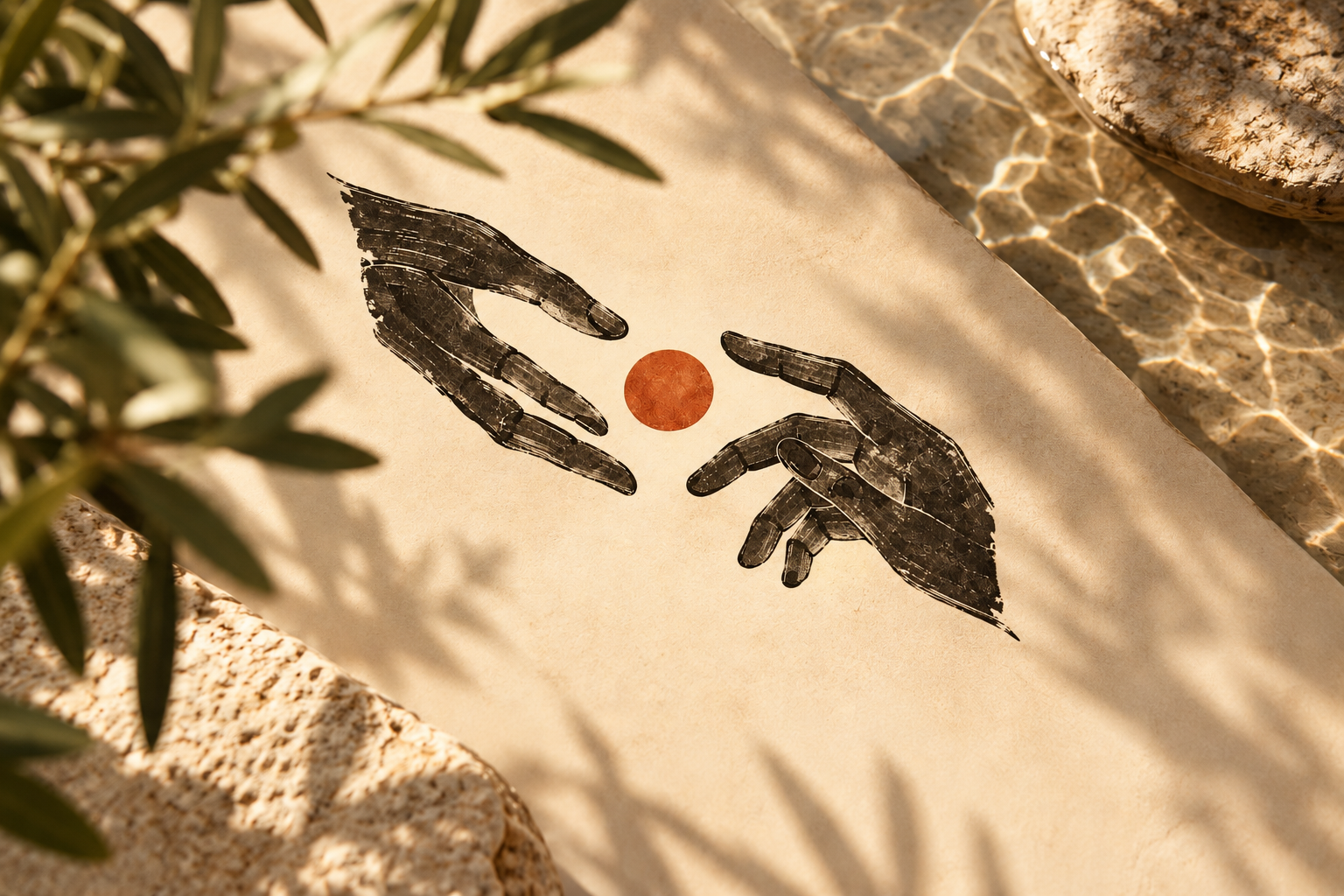 Illustration of two black hands reaching towards a small red circle on a beige surface, with stones and shadows nearby.