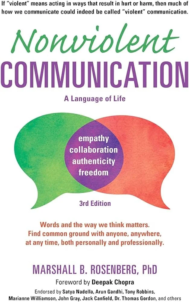 Cover of 'Nonviolent Communication: A Language of Life' by Marshall B. Rosenberg, 3rd Edition, emphasizing empathy, collaboration, authenticity, and freedom. Foreword by Deepak Chopra. Endorsements by notable figures are mentioned.