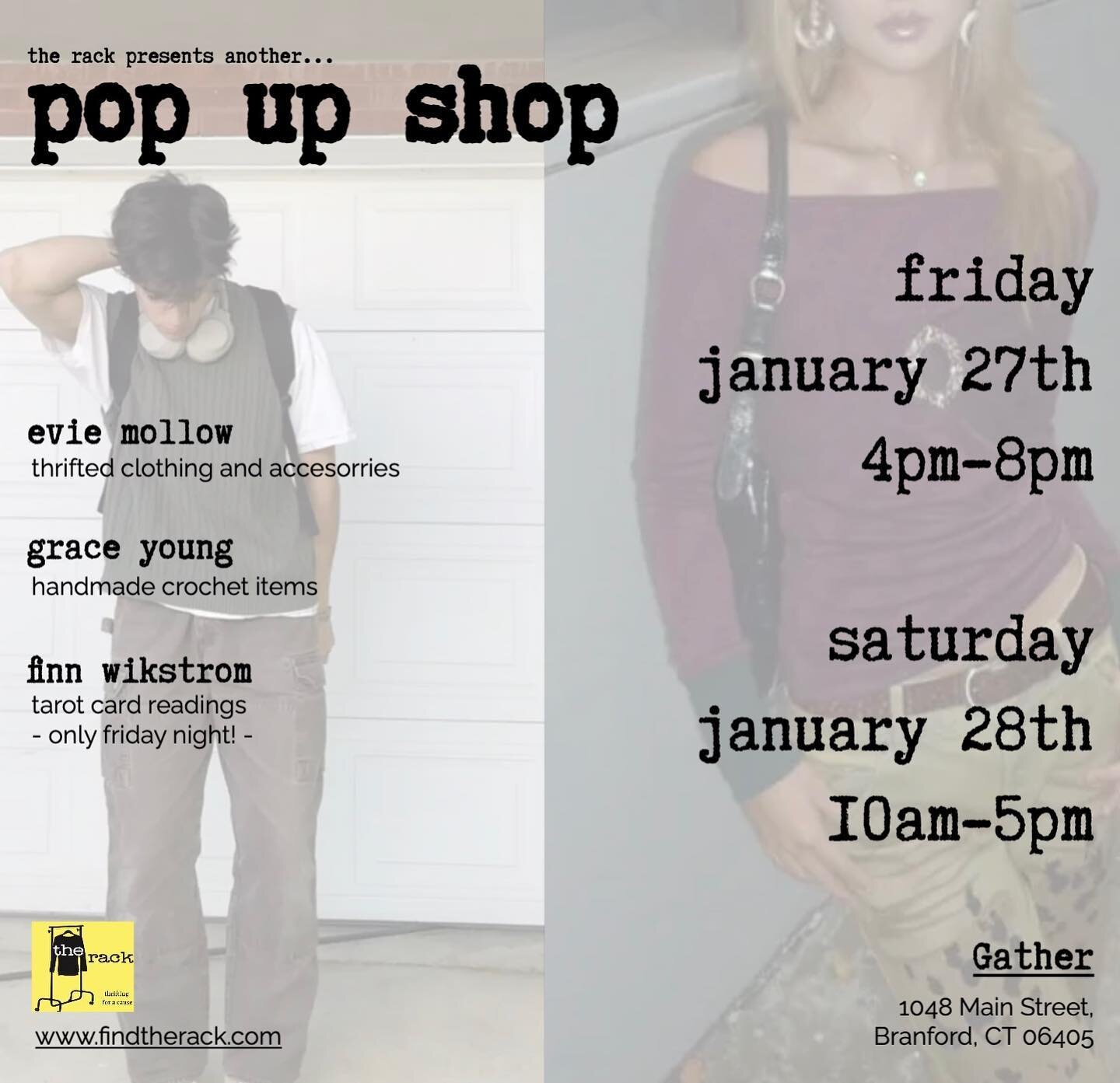 The Rack presents another pop up shop at Gather in Branford! Y&rsquo;all better be excited because it&rsquo;s all new clothes 😊😊 last weekend of January!