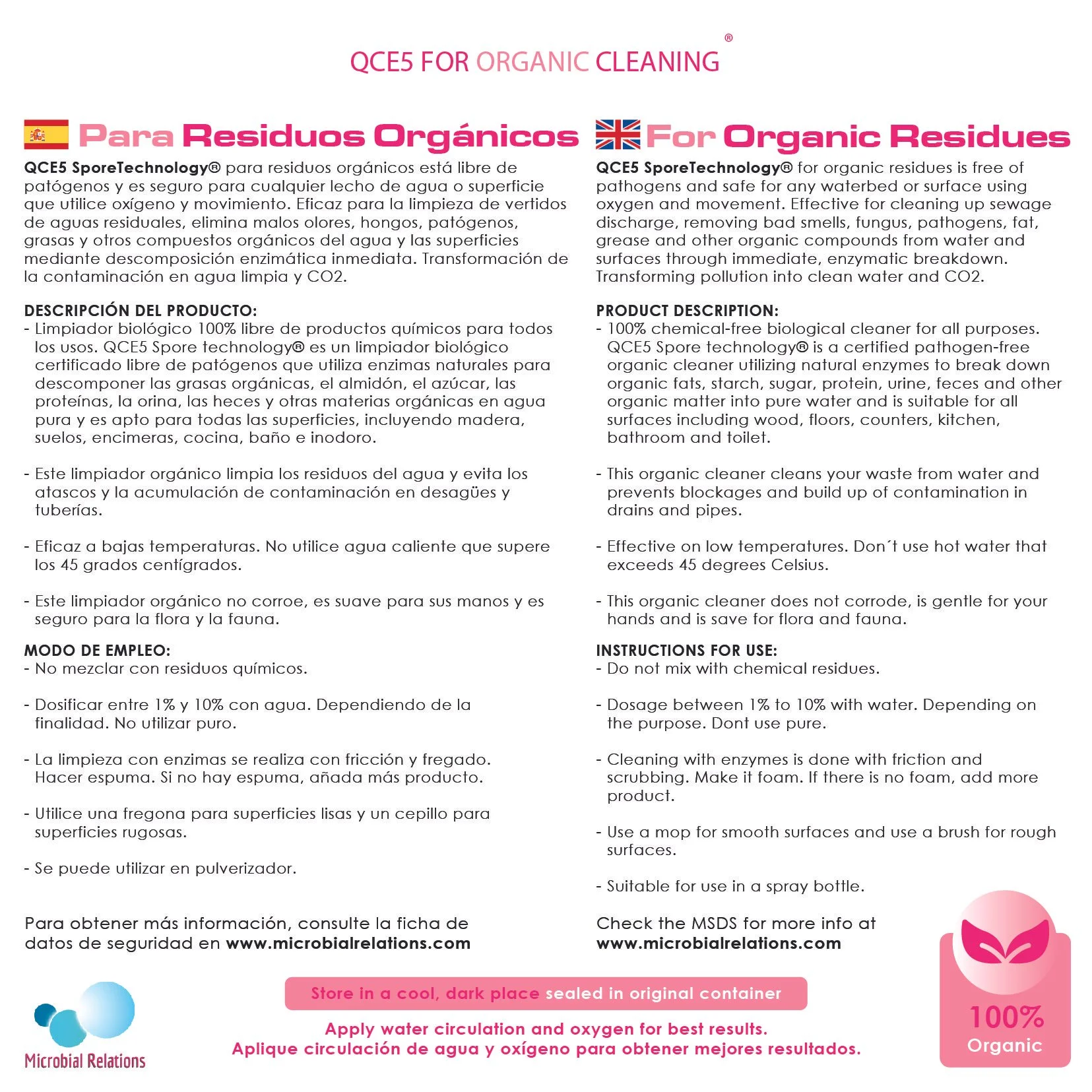 Product label for 'QCE5 for Organic Cleaning' showing instructions in Spanish and English. Contains information about the product being a 100% chemical-free biological cleaner used for organic residues, with details on usage, benefits, and storage. There is a pink label at the bottom indicating to store in a cool, dark place, and a pink logo with a leaf and the text '100% Organic'.