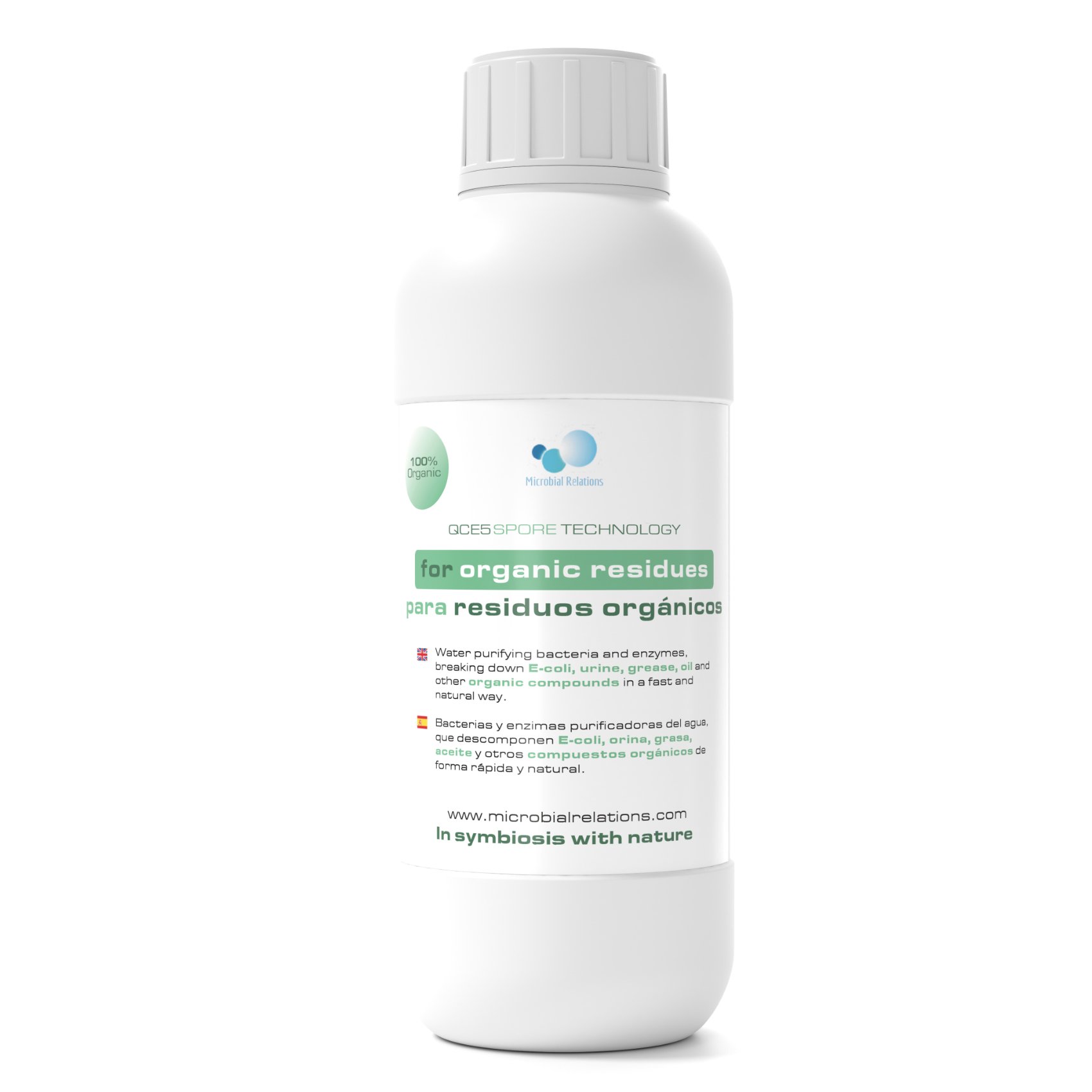 Bottle of microbial relation product for breaking down organic residues, with text in English and Spanish describing its purpose and ingredients.