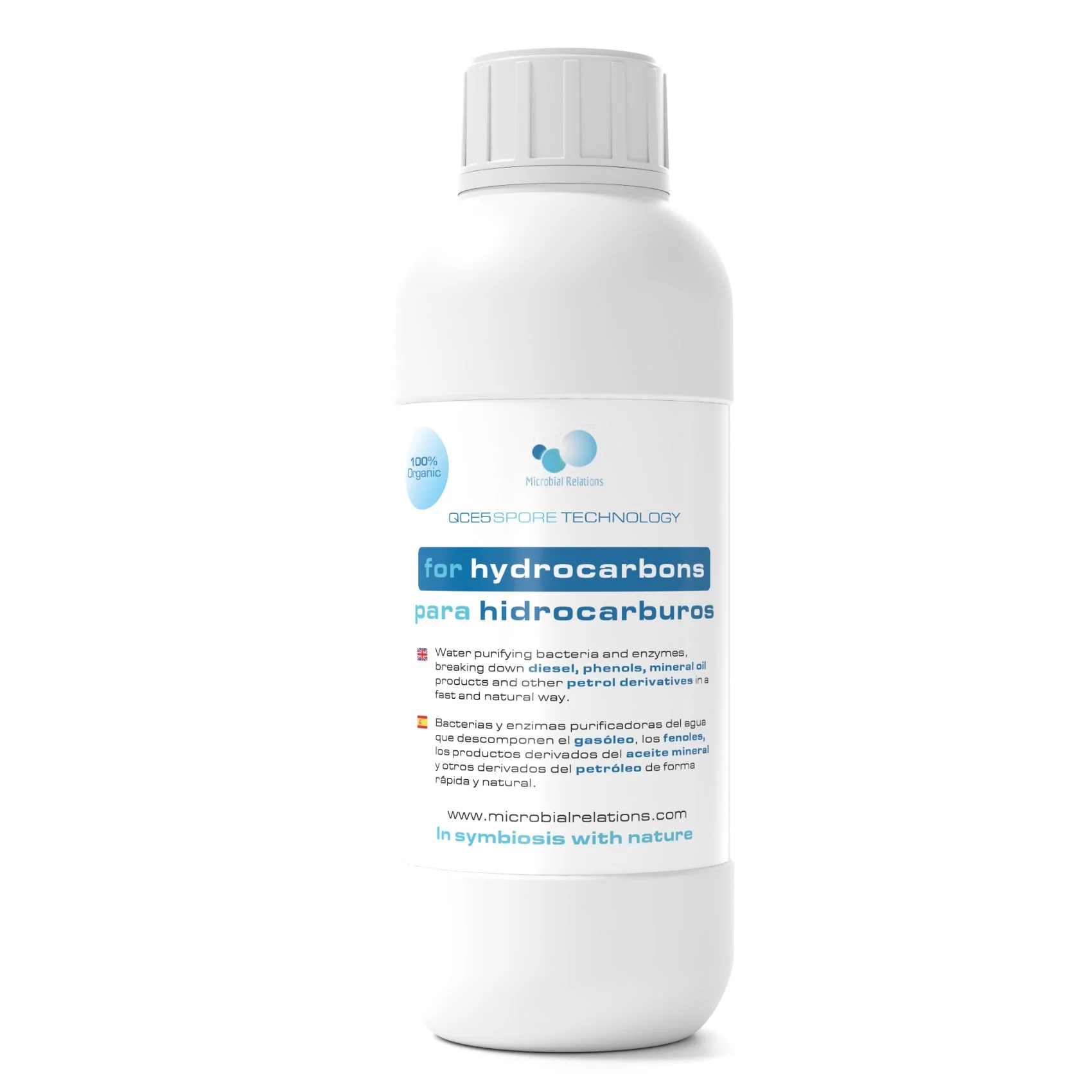 A white bottle labeled for hydrocarbon cleaning with blue and black text, including the phrases 'for hydrocarbons', 'para hidrocarburos', and information about bacteria and enzymes breaking down diesel, phenols, mineral oil, and petrol derivatives.