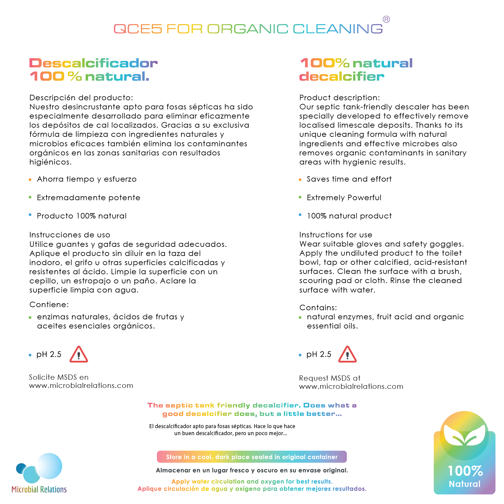 Product label for organic septic tank-friendly descaler, featuring descriptions in Spanish and English, highlighting natural ingredients, effectiveness, and safety instructions, with colorful text and a logo at the bottom right corner.