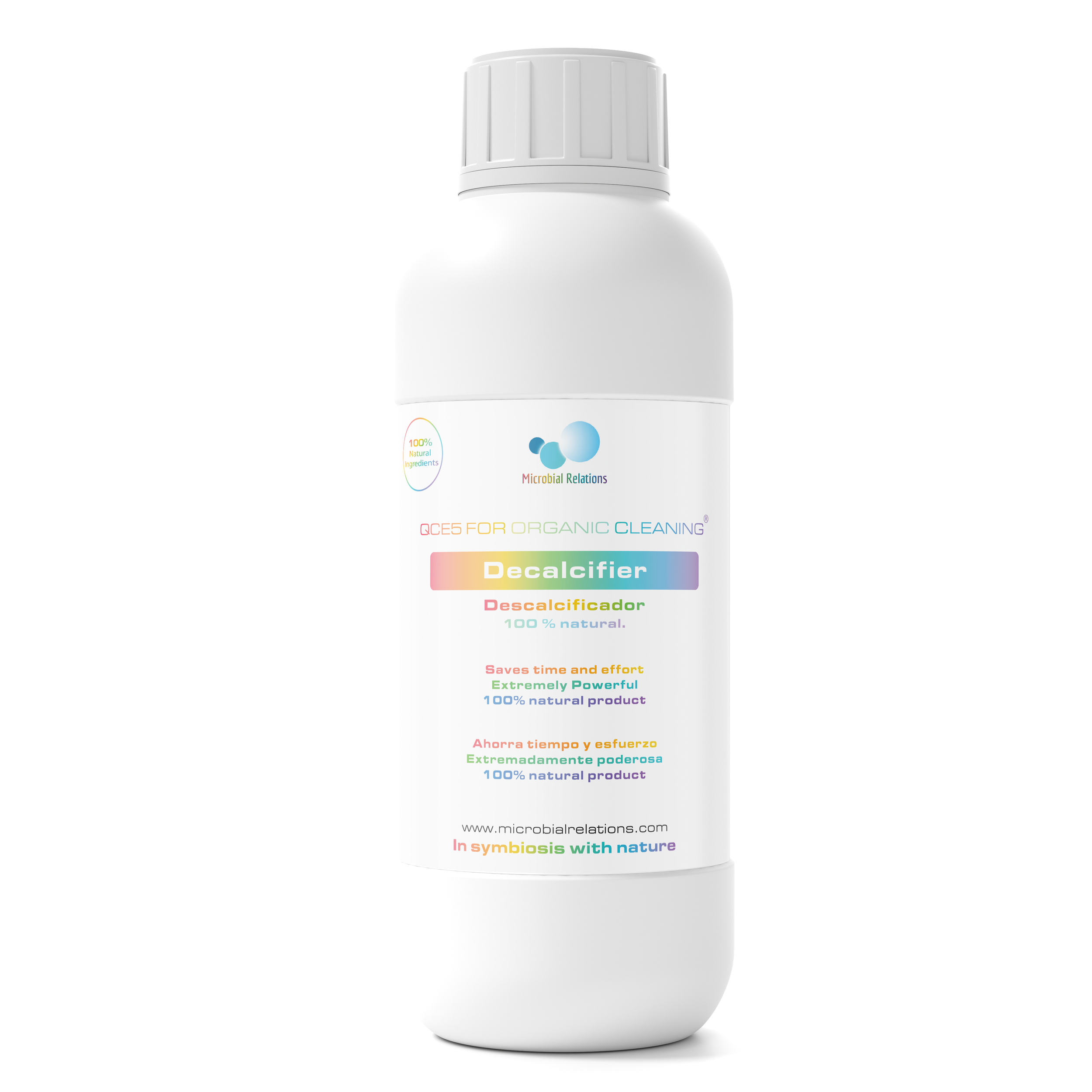 A white plastic bottle labeled Decalcifier for organic cleaning. The label includes colorful text and the website www.microbialrelations.com.